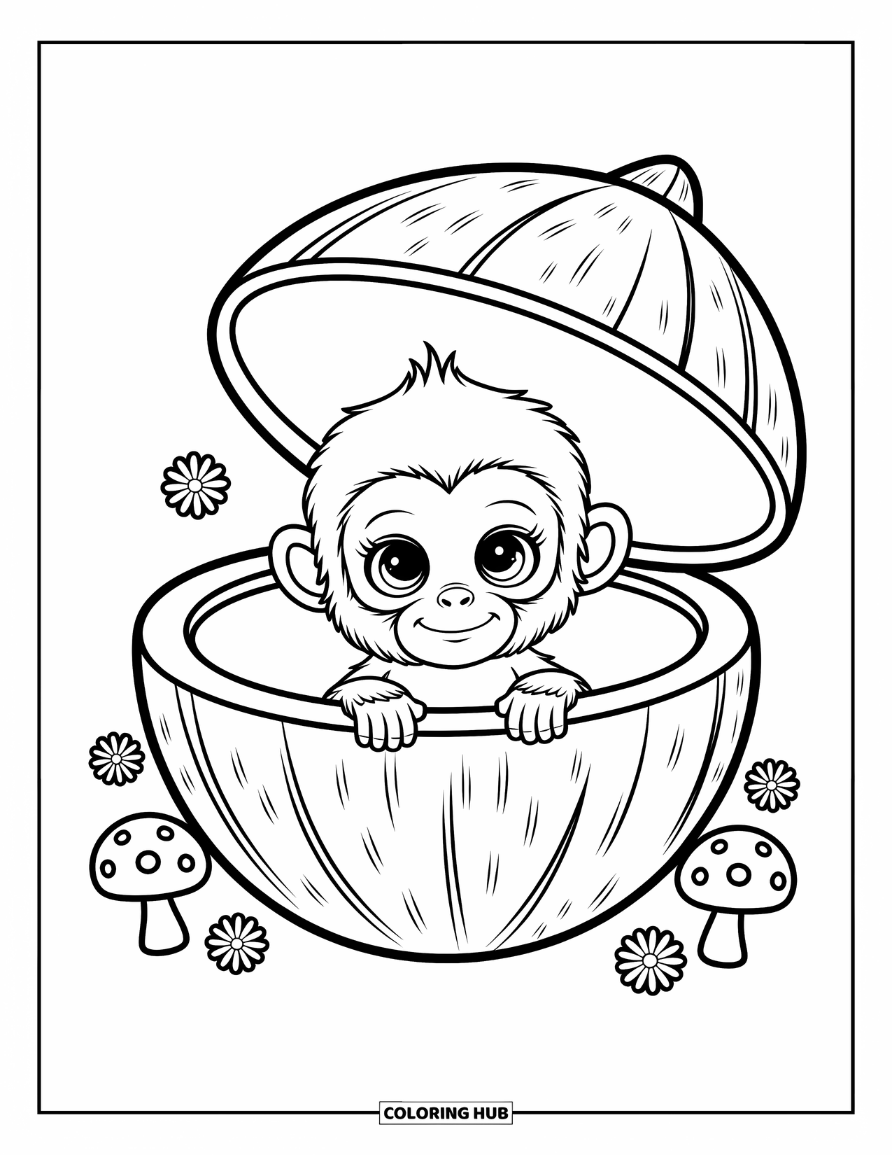 Baby Monkey Coloring Page for Adults: A wide-eyed monkey peeks out of a coconut shell with mushrooms and daisies nearby