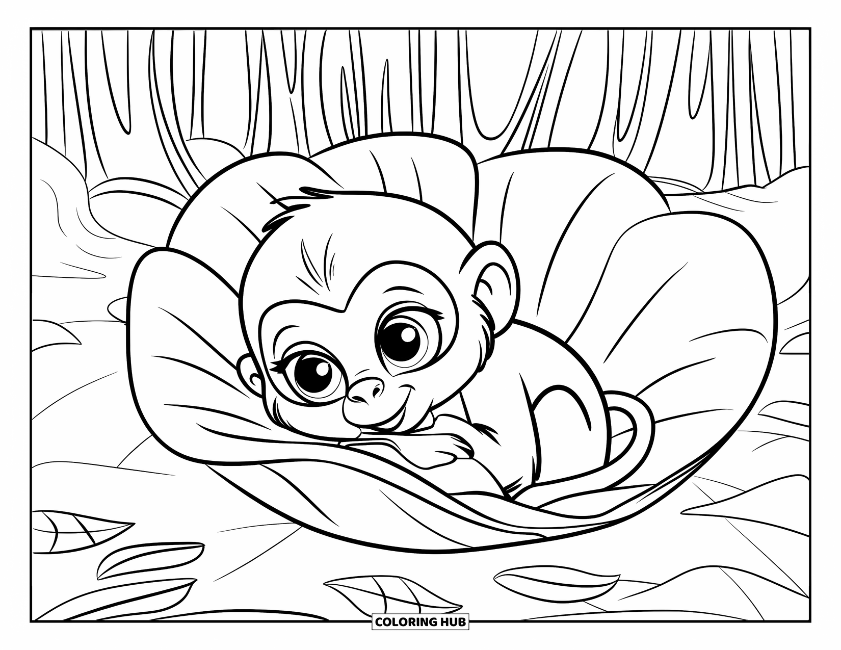 Baby Monkey Coloring Page for Kids: A baby monkey curls up in a cozy bed made of big jungle leaves