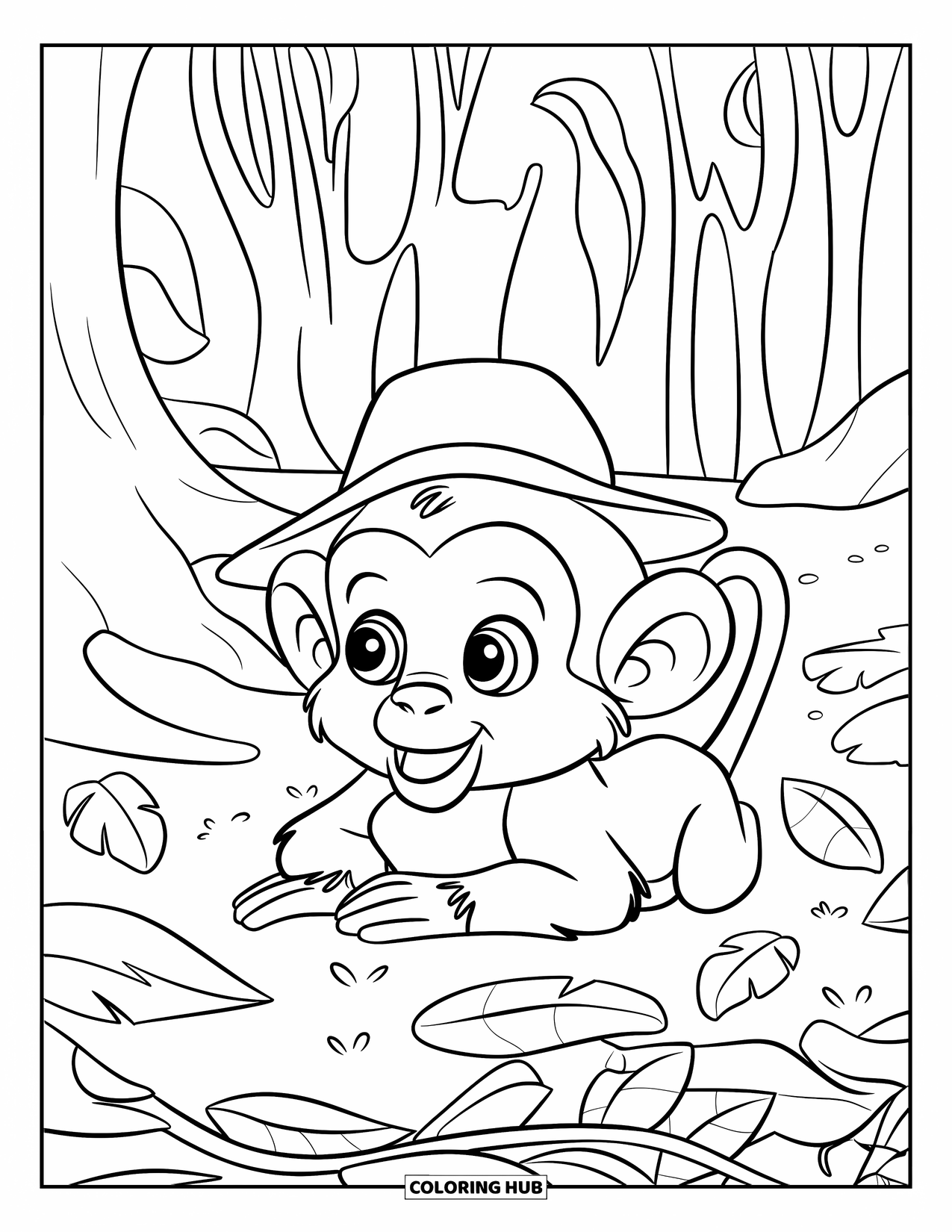 Baby Monkey Coloring Page for Kids: A baby monkey lies in a pile of jungle leaves wearing a tiny hat