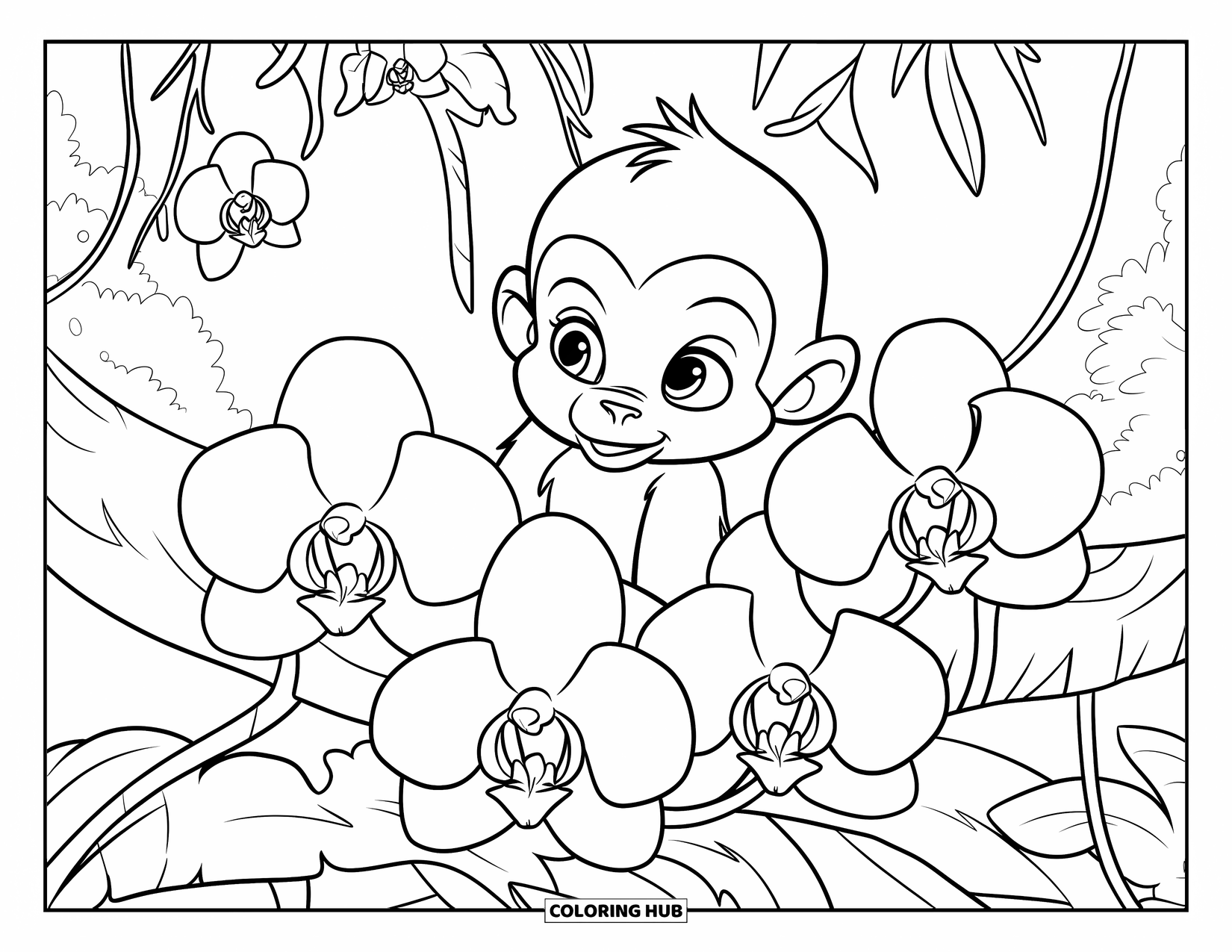 Baby Monkey Coloring Page for Kids: A baby monkey on a branch curiously peeks through orchids in a lush forest
