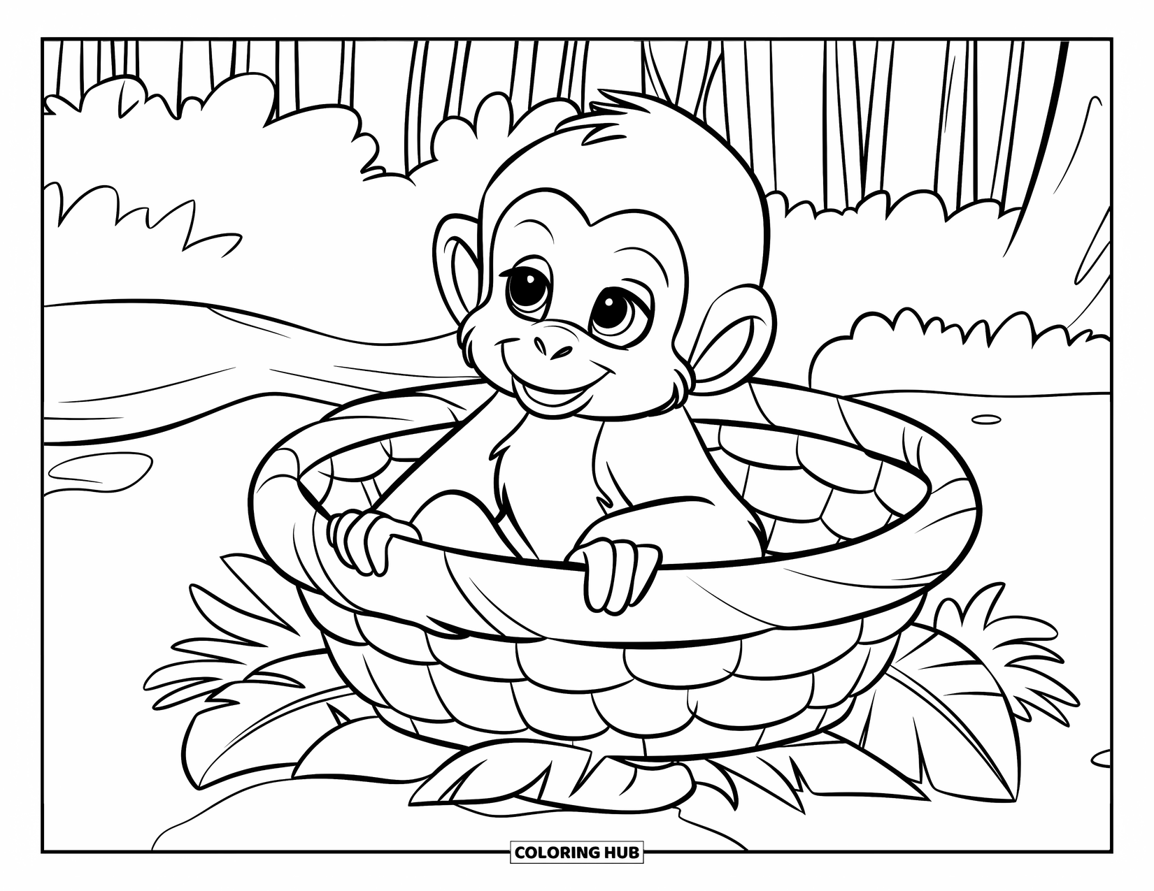 Baby Monkey Coloring Page for Kids: A baby monkey sits in a leafy basket on the forest floor