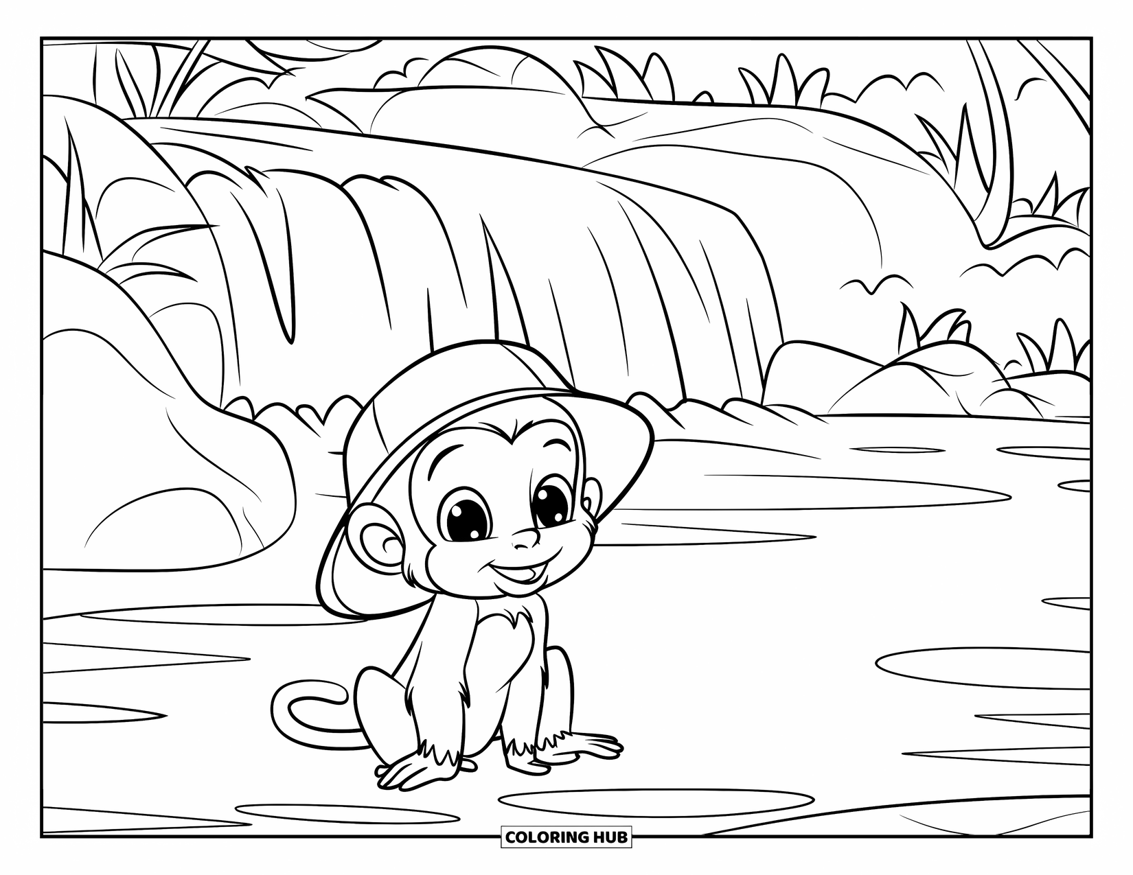 Baby Monkey Coloring Page for Kids: A baby monkey with a green hat sits near a peaceful waterfall and greenery
