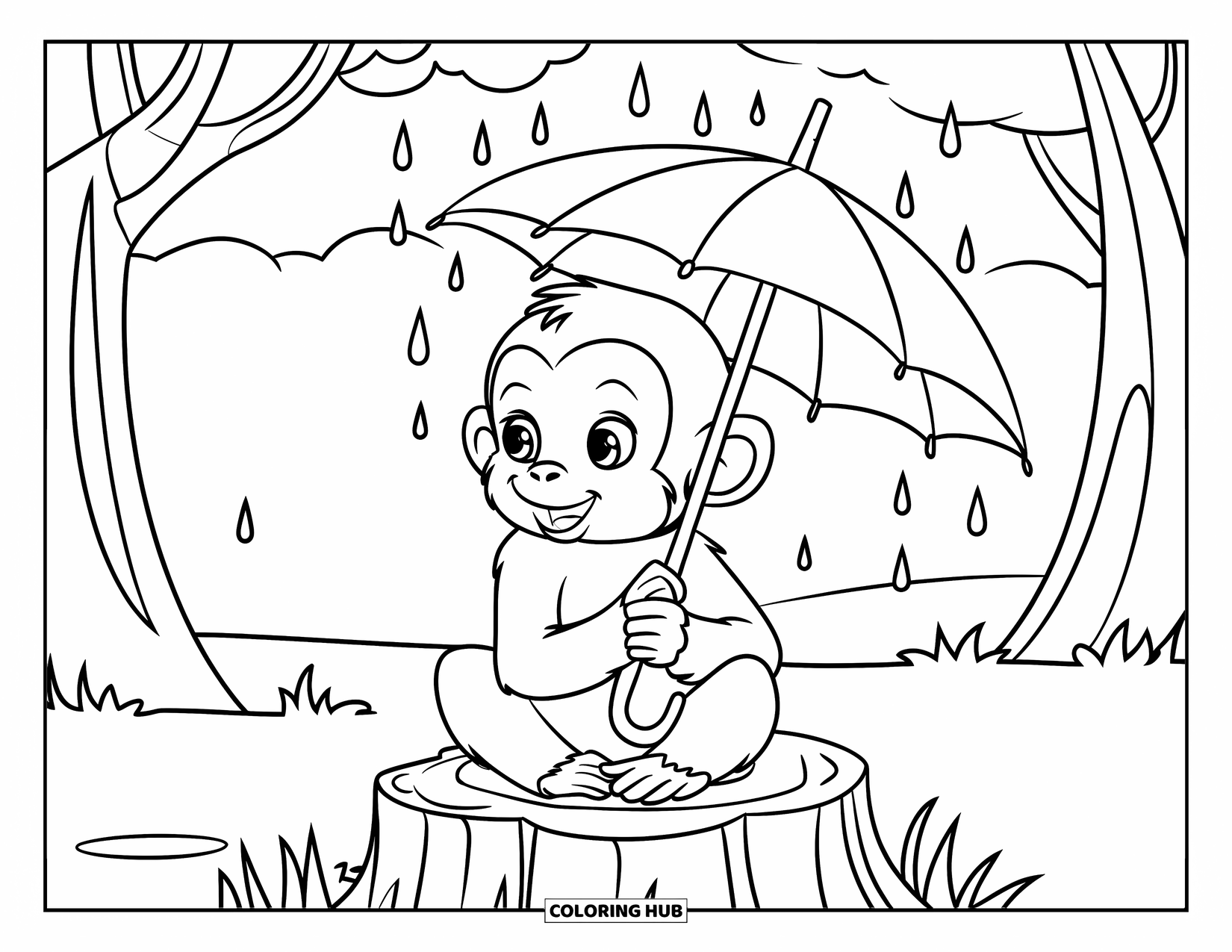 Baby Monkey Coloring Page for Kids: A baby monkey with a leaf umbrella sits in soft rain under a cloudy sky
