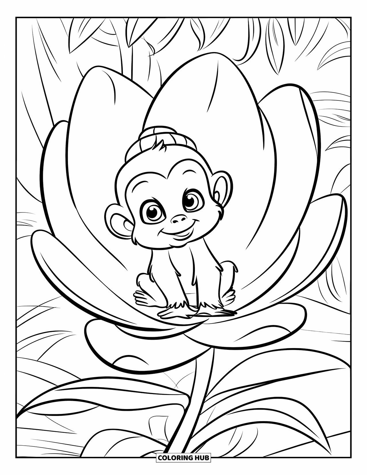 Baby Monkey Coloring Page for Kids: A baby monkey with a tiny hat sits inside a giant forest flower