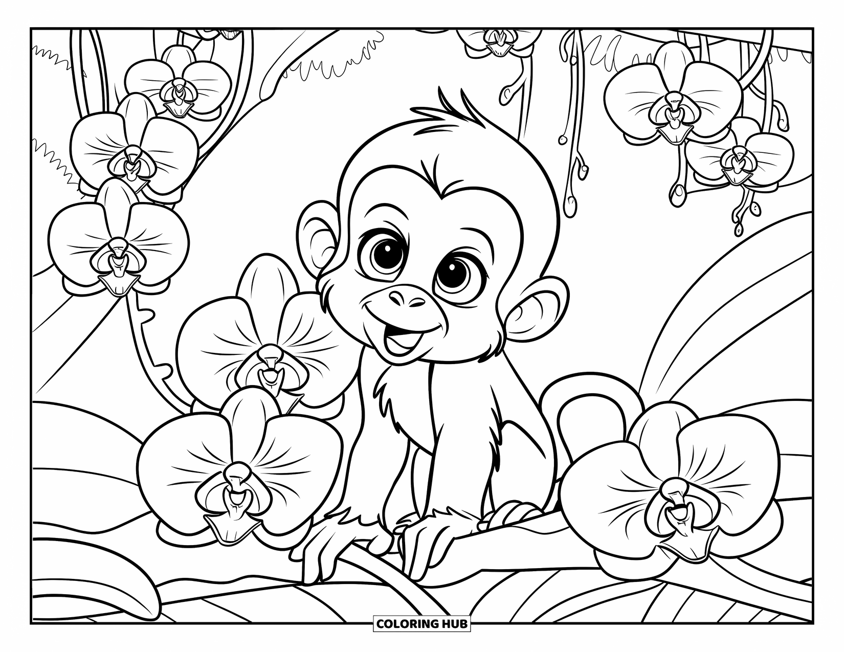 Baby Monkey Coloring Page for Kids: A baby monkey with big eyes peeks through large orchids in a forest