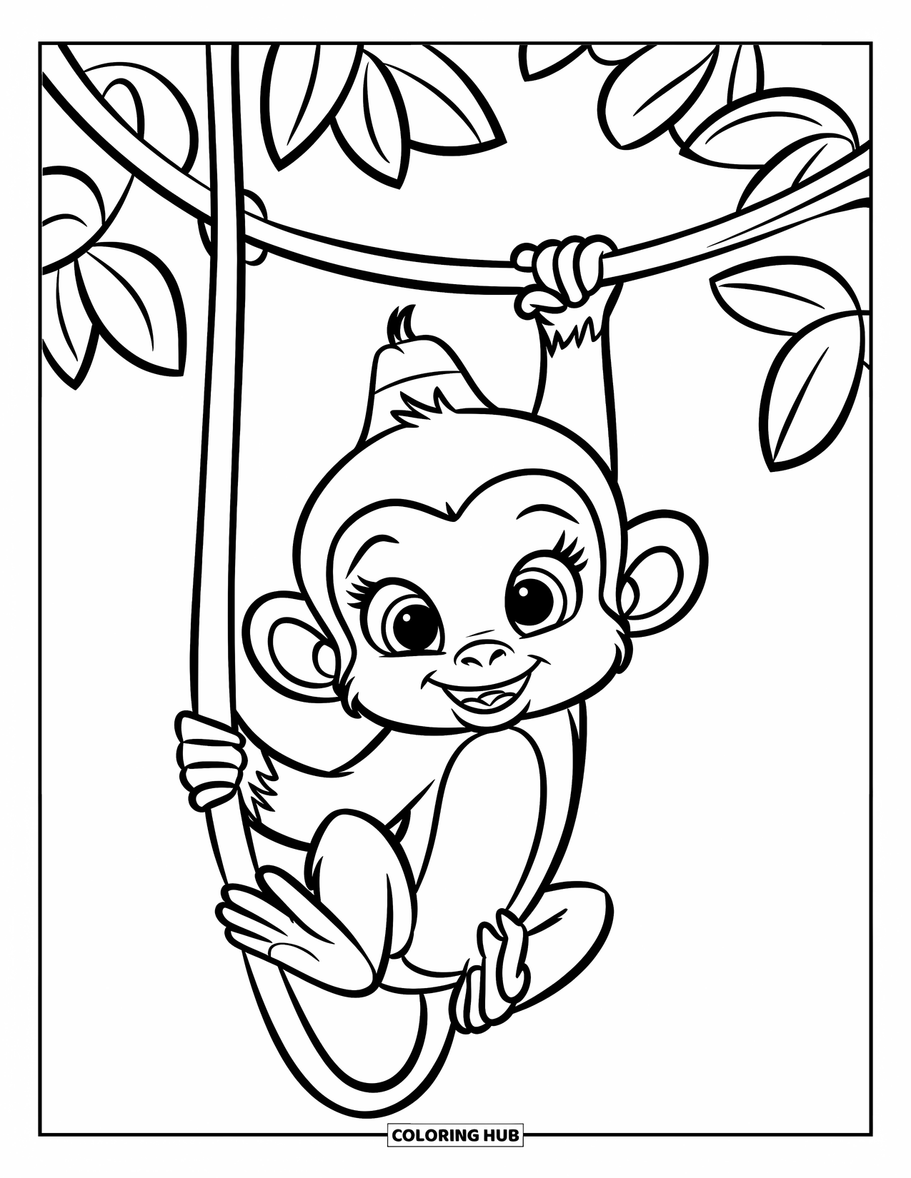 Baby Monkey Coloring Page for Kids: A cheerful monkey in a hat waves while hanging from a single vine