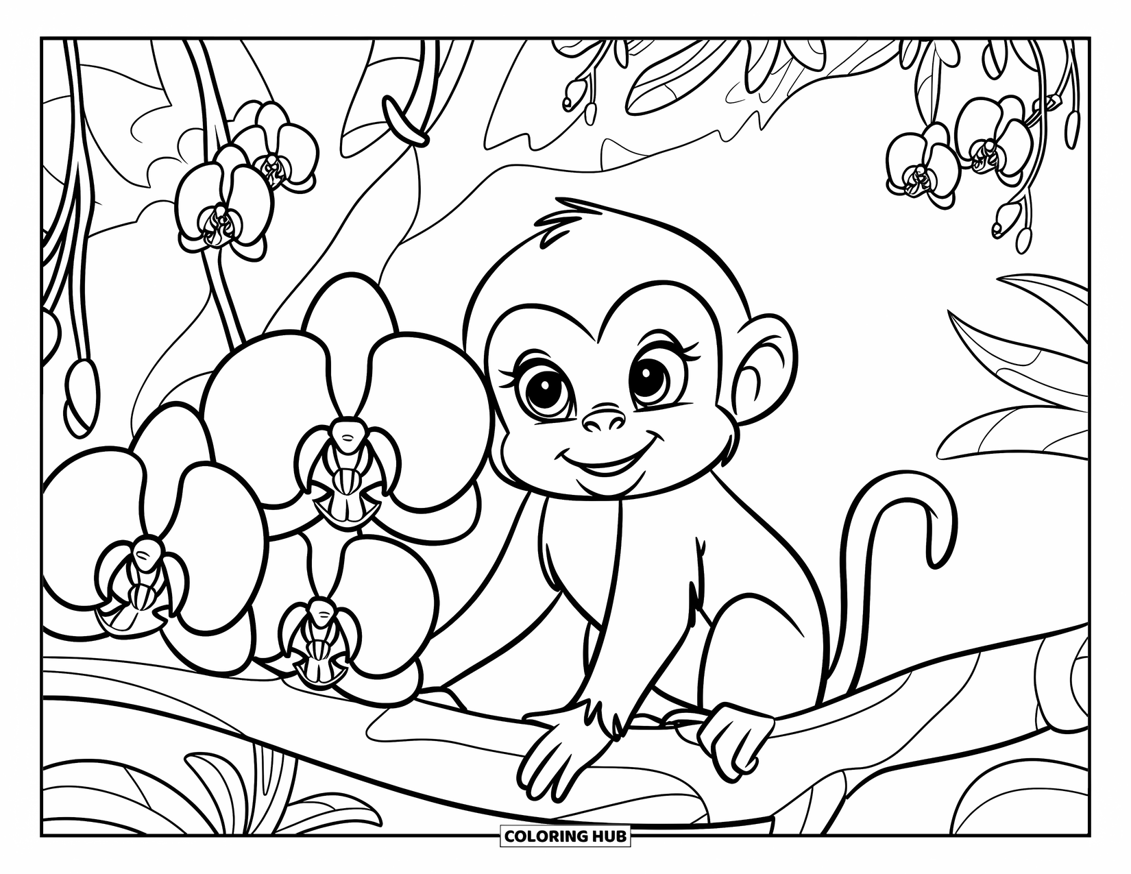 Baby Monkey Coloring Page for Kids: A curious monkey peeks through orchids while sitting on a forest branch