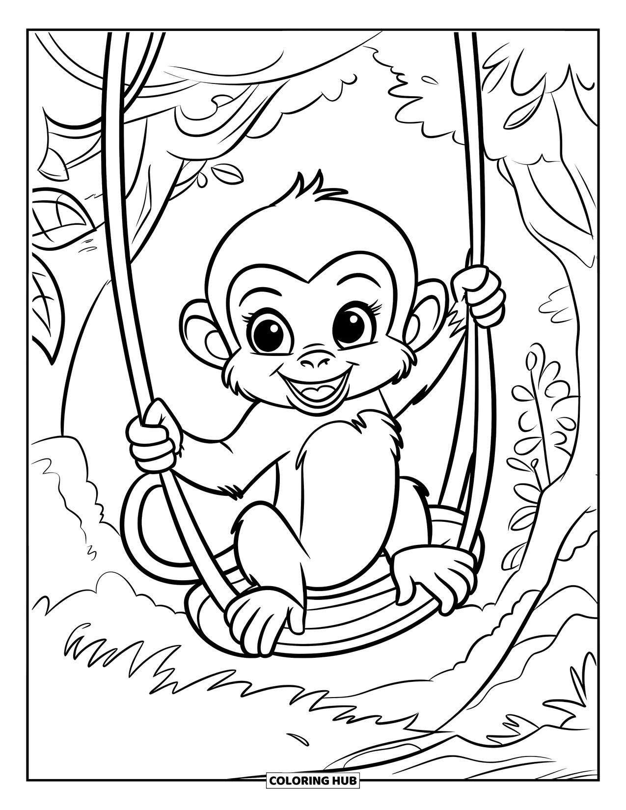 Baby Monkey Coloring Page for Kids: A grinning monkey swings on vines in a lush jungle filled with trees
