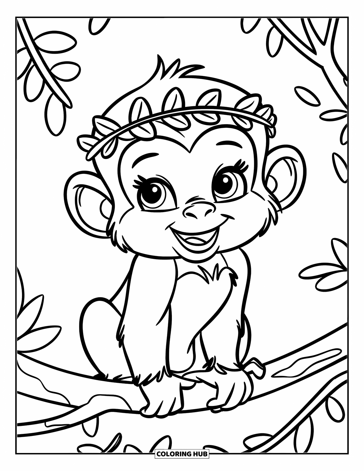 Baby Monkey Coloring Page for Kids: A happy monkey in a leafy crown sits on a branch with a clean background