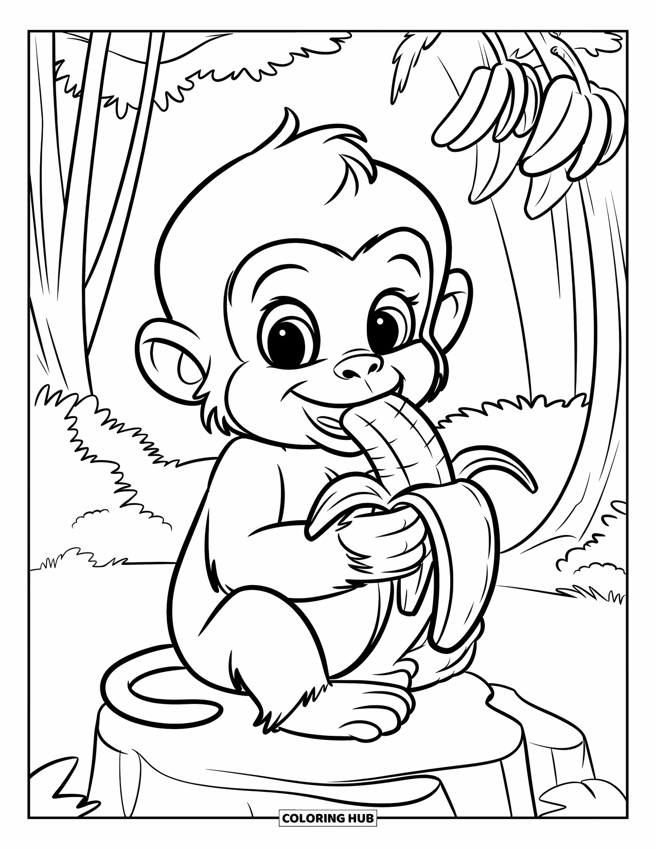 Baby Monkey Coloring Page for Kids: A happy monkey munches on a banana while sitting on a jungle rock