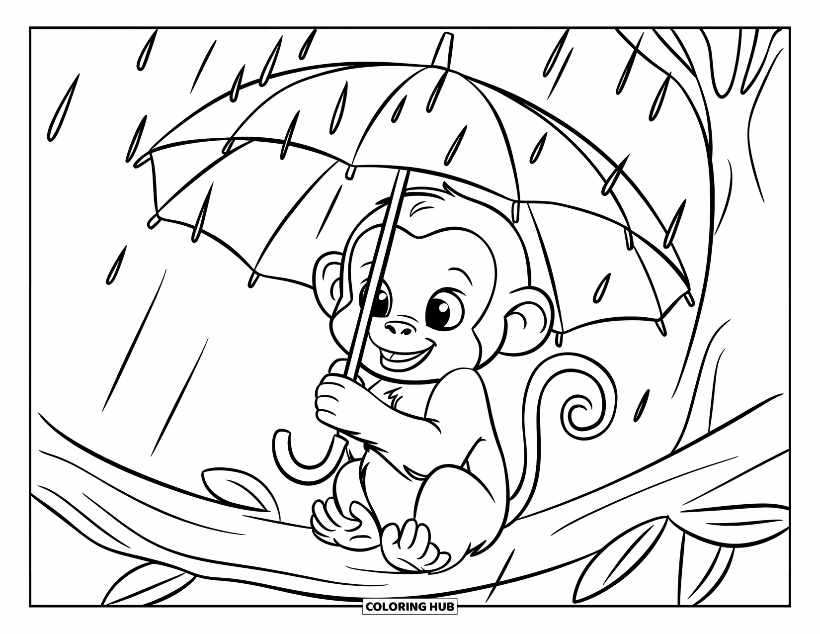 Baby Monkey Coloring Page for Kids: A monkey holds a leaf umbrella while sitting on a branch in light rain