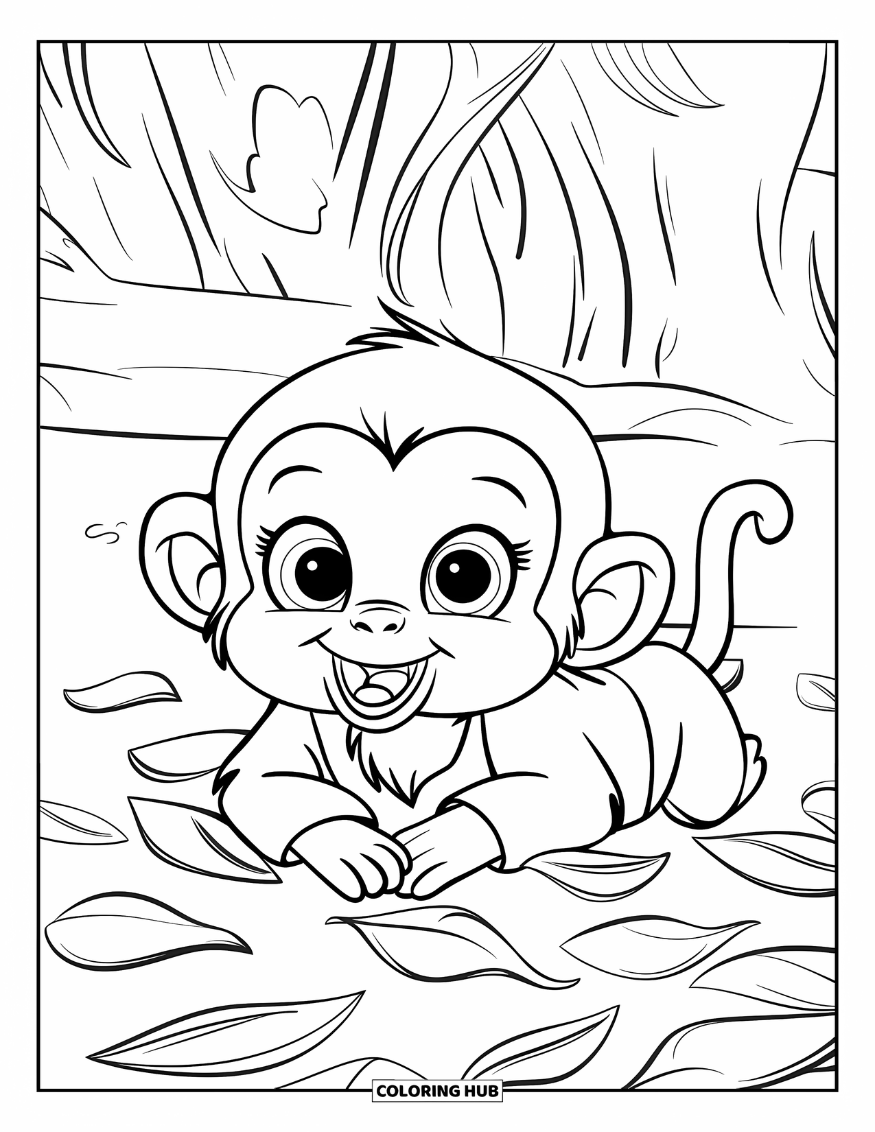 Baby Monkey Coloring Page for Kids: A monkey in a cute outfit rests in a colorful pile of jungle leaves