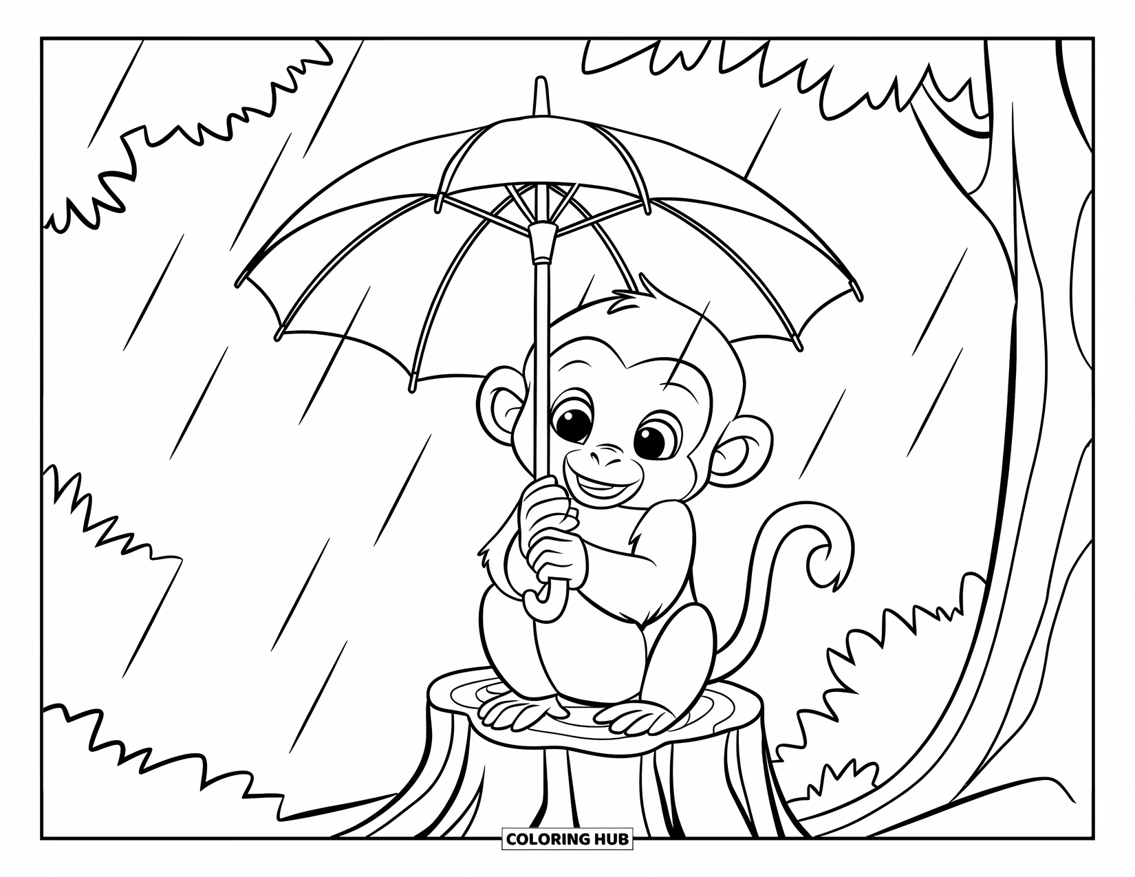 Baby Monkey Coloring Page for Kids: A monkey on a stump uses a leaf umbrella during gentle rain in the trees