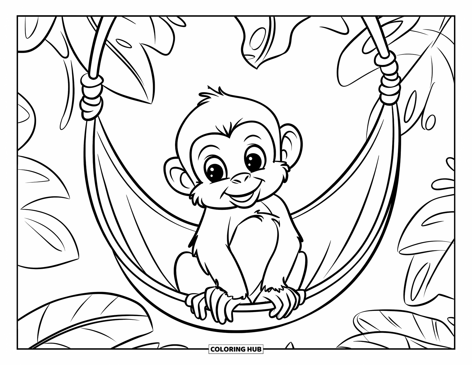 Baby Monkey Coloring Page for Kids: A monkey sits inside a round vine hammock surrounded by jungle leaves