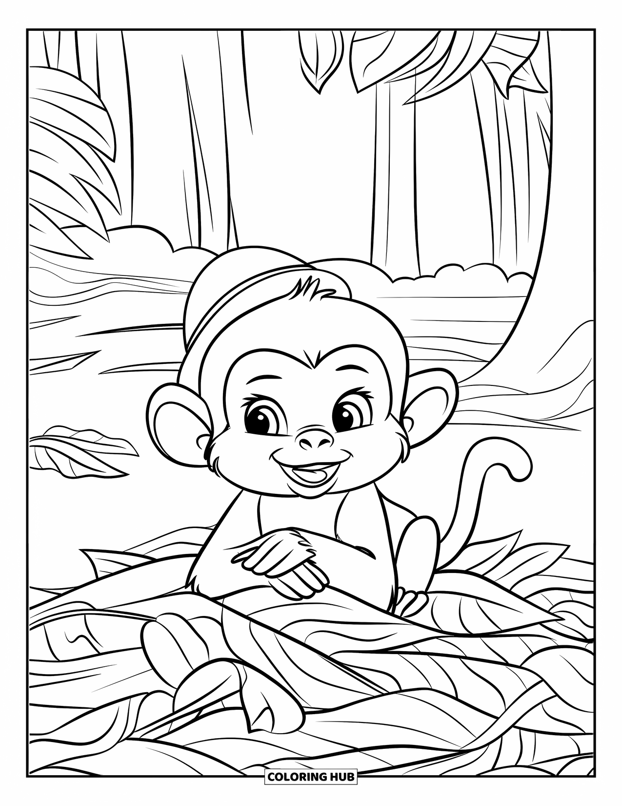 Baby Monkey Coloring Page for Kids: A monkey sits upright in jungle leaves with a hat and calm expression