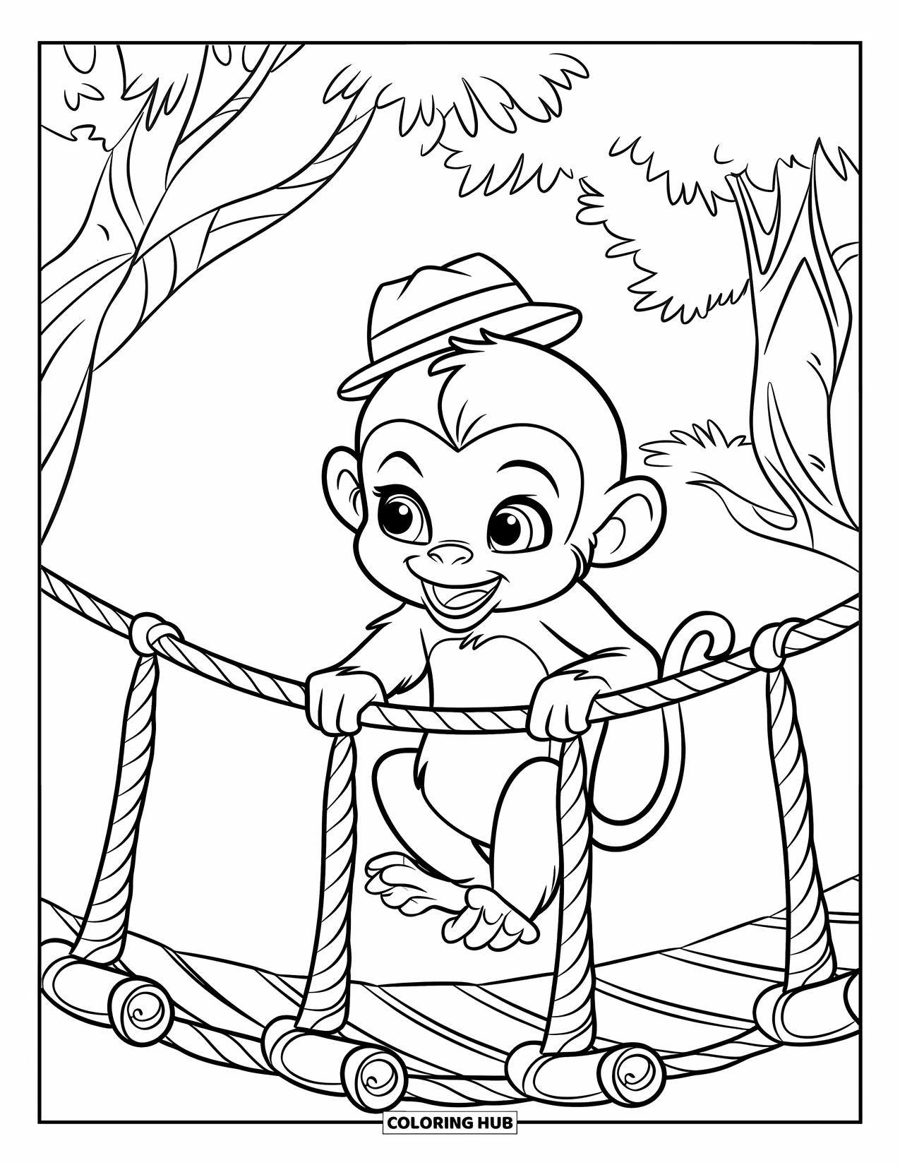 Baby Monkey Coloring Page for Kids: A monkey wearing a hat crosses a rope bridge between lush jungle trees