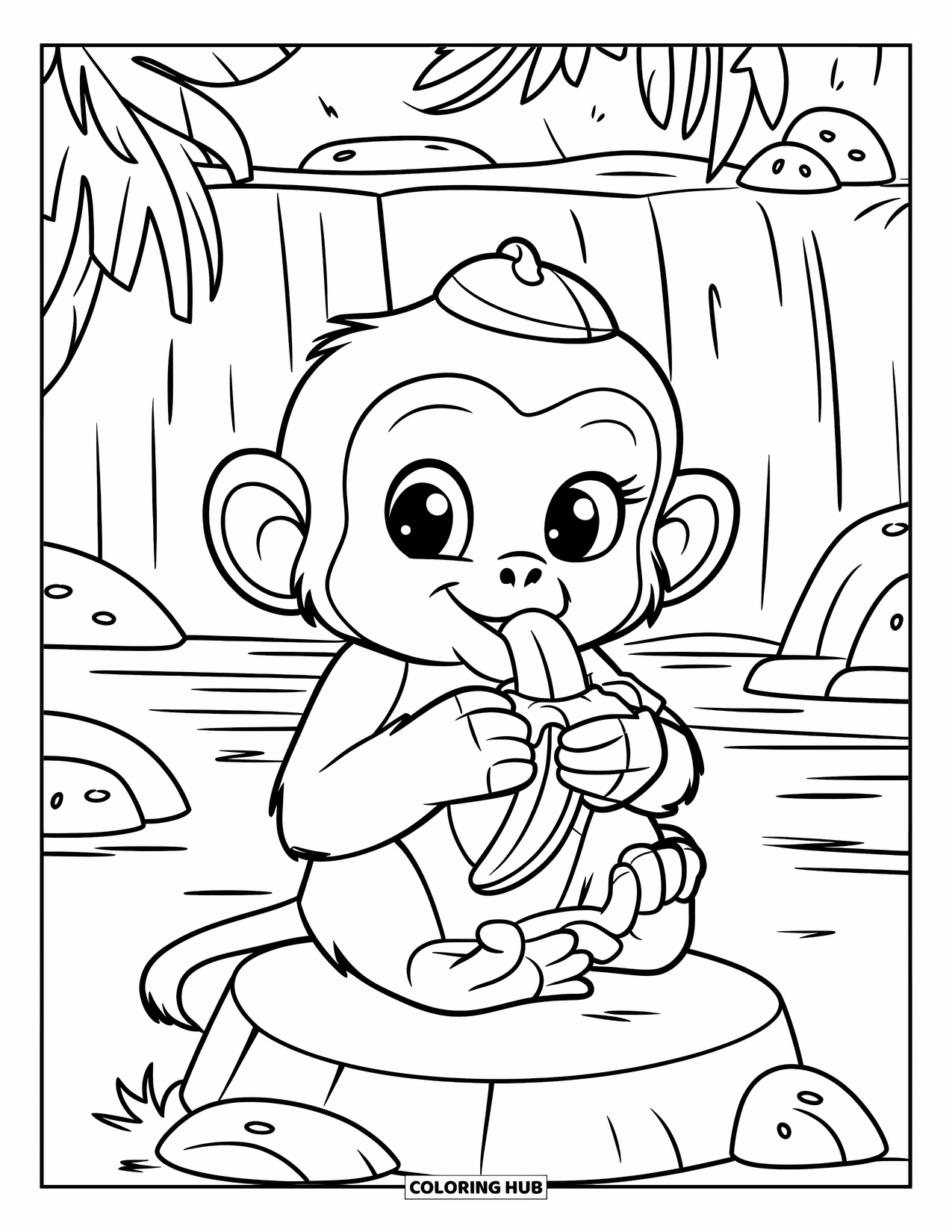 Baby Monkey Coloring Page for Kids: A monkey wearing a hat enjoys a banana near greenery and a waterfall