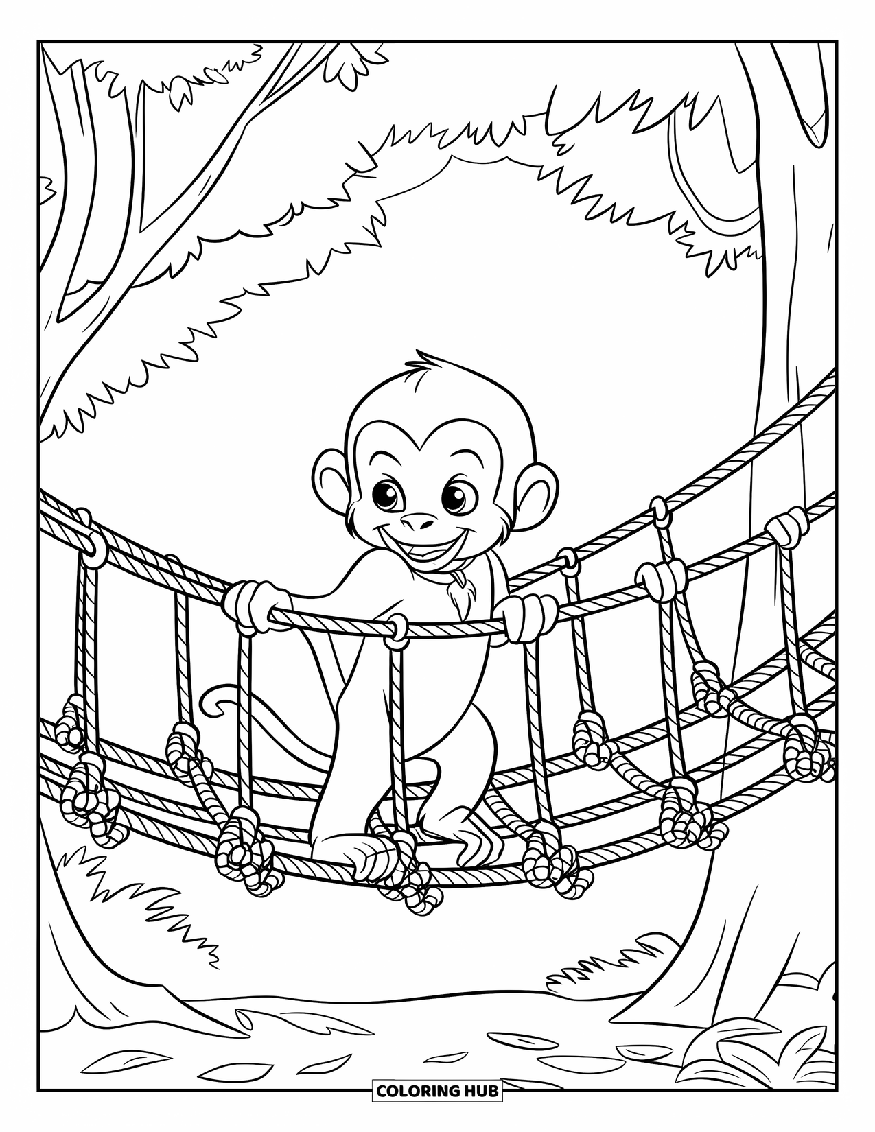 Baby Monkey Coloring Page for Kids: A monkey with a collar crosses a rope bridge surrounded by jungle greenery