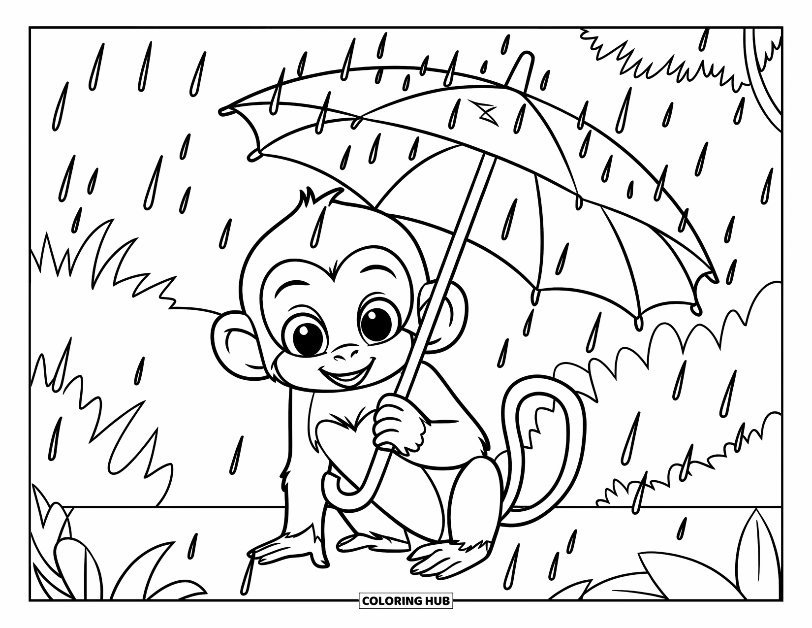 Baby Monkey Coloring Page for Kids: A monkey with a leaf umbrella rests quietly in a rainy forest