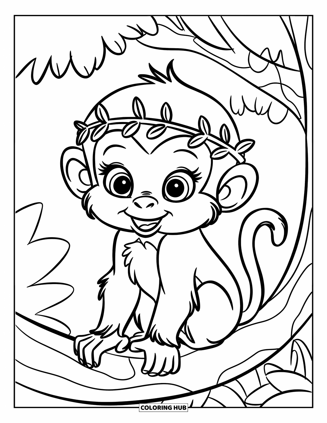 Baby Monkey Coloring Page for Kids: A monkey with a leafy crown rests on a tree branch in the jungle