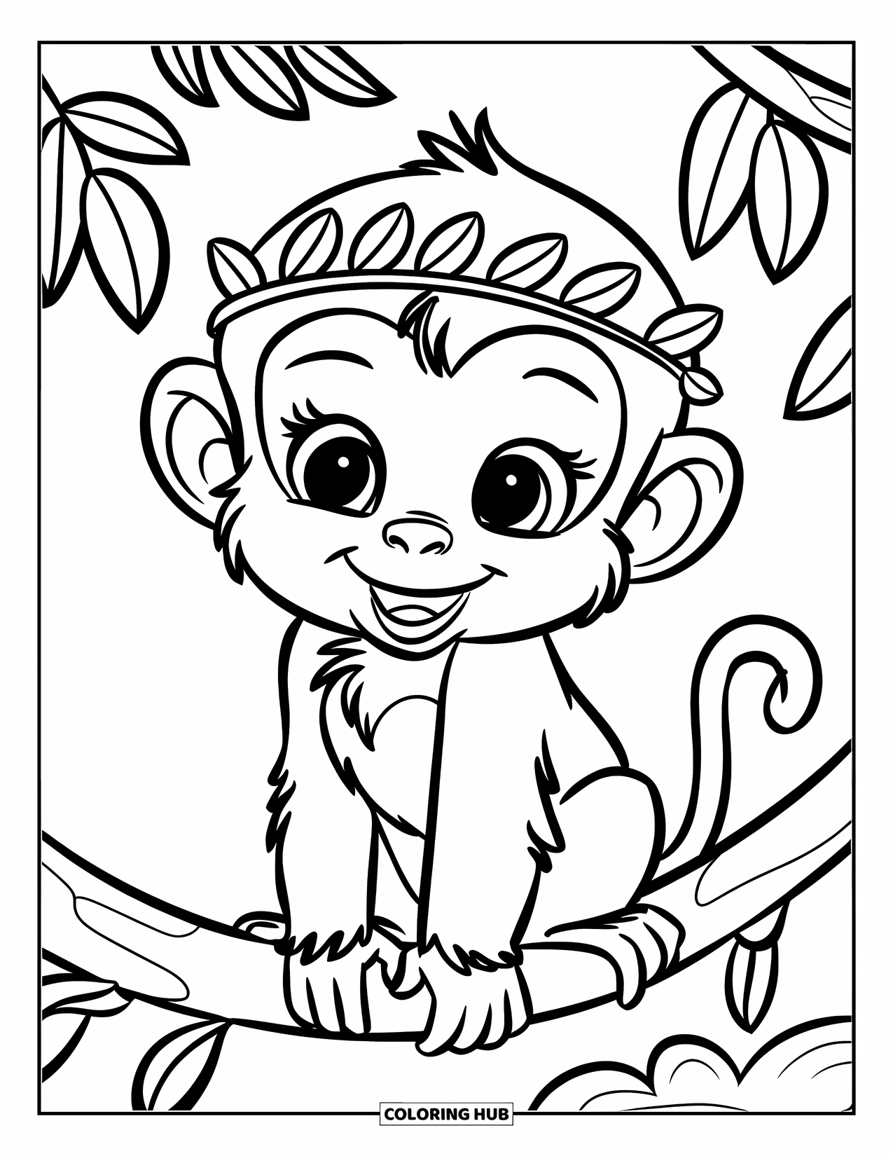 Baby Monkey Coloring Page for Kids: A monkey with a leafy crown smiles while sitting on a branch