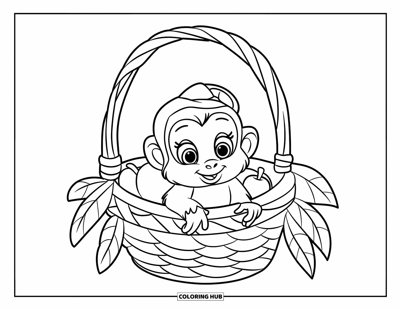 Baby Monkey Coloring Page for Kids: A monkey with a small hat sits in a woven basket with fruits
