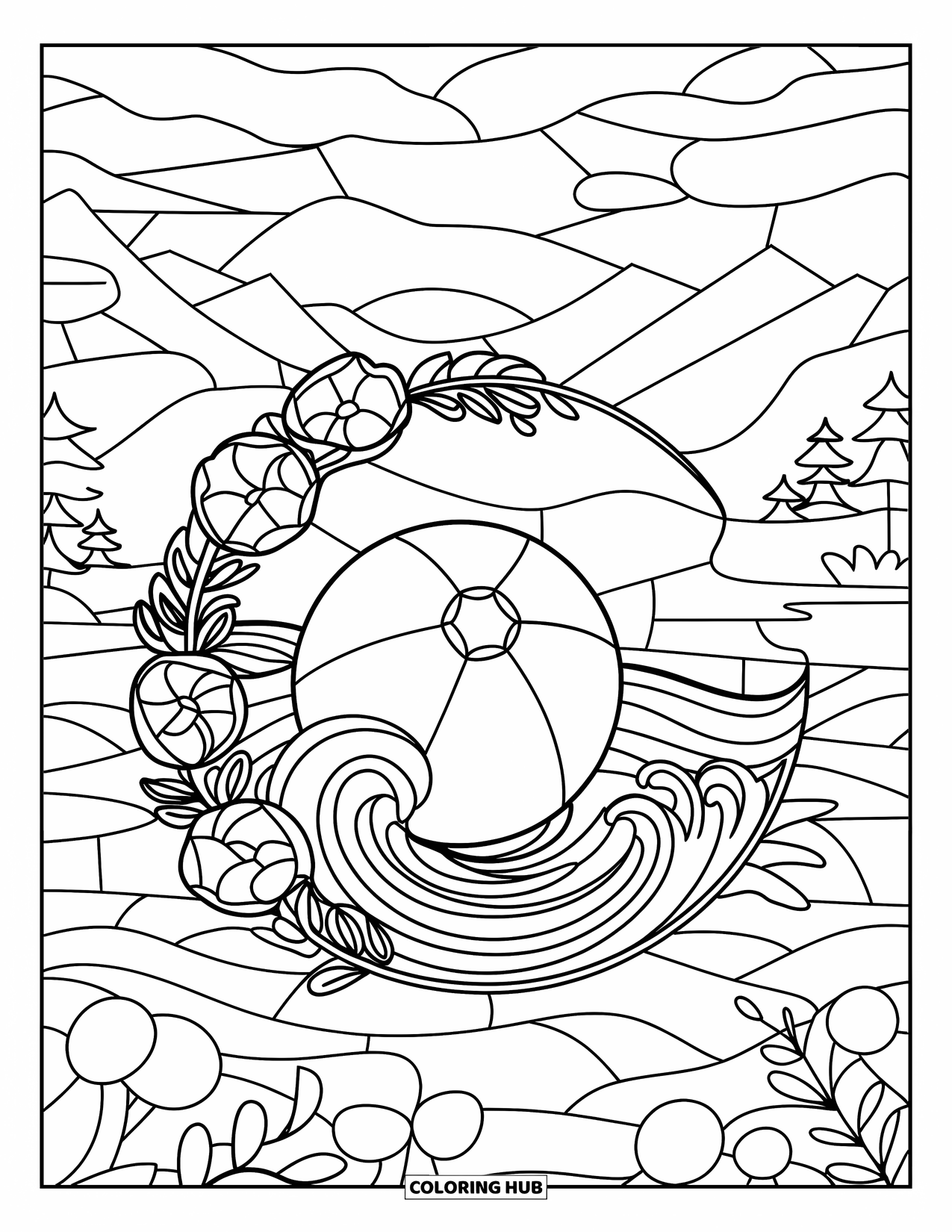 Ball Coloring Page for Adults: A beach ball with swirling waves sits in a stained glass floral frame