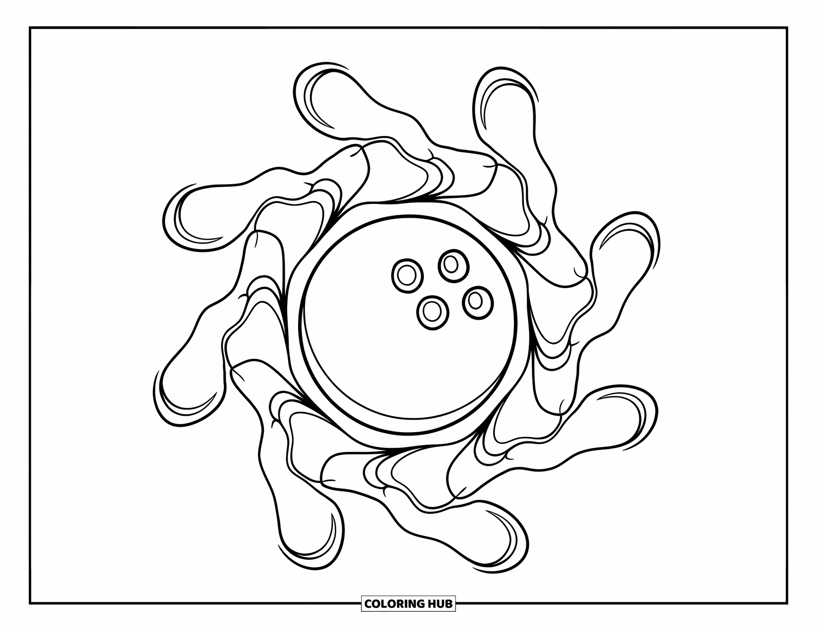 Ball Coloring Page for Adults: A centered bowling ball is surrounded by curling mandala lines in a clean, bold style