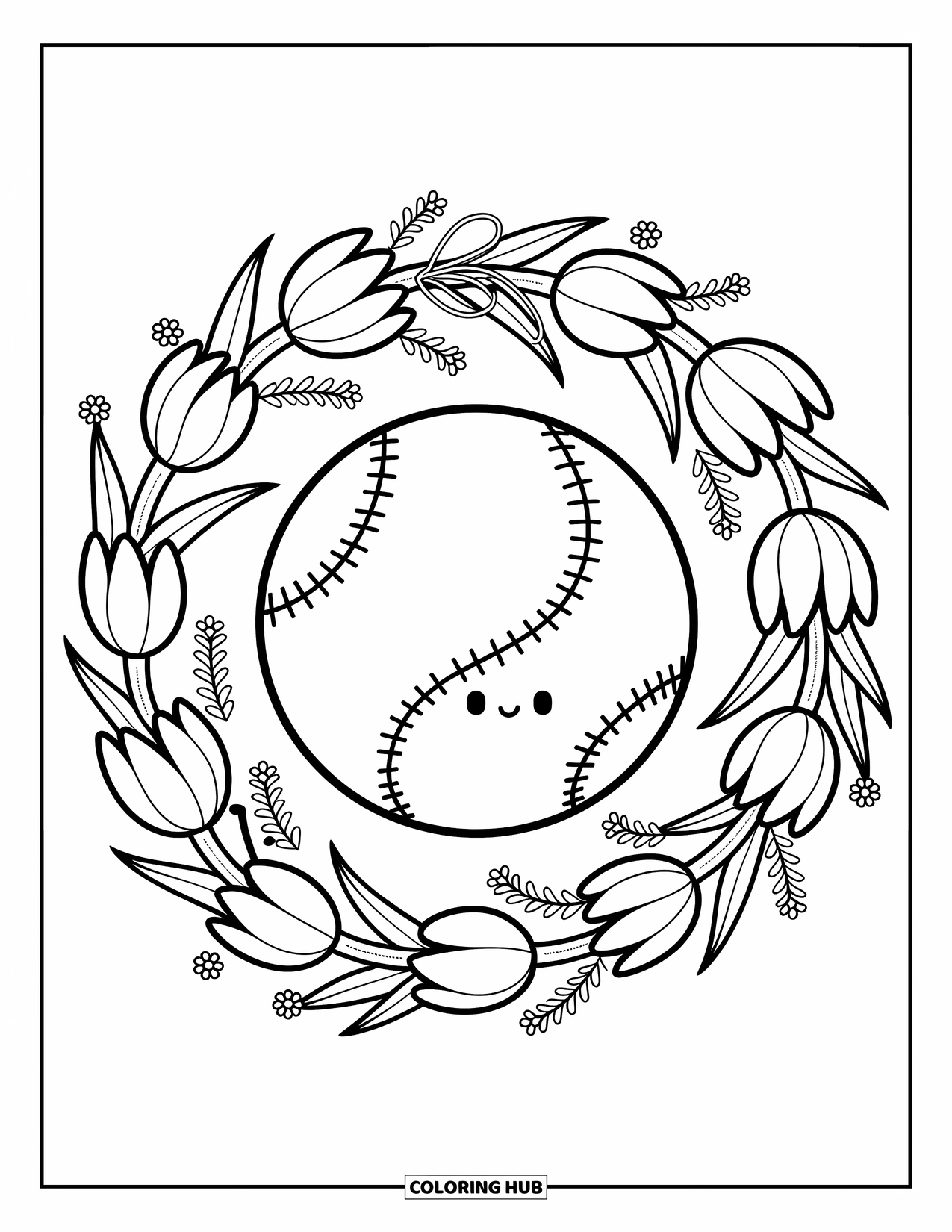 Ball Coloring Page for Adults: A cozy tennis ball and flower wreath scene with a ribbon and sweet curves