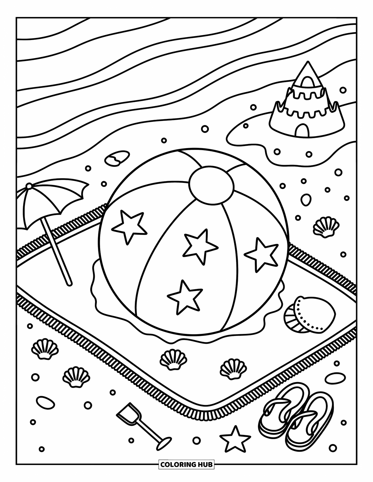 Ball Coloring Page for Adults: A cute summer beach scene with a starry ball, flip-flops, and tiny umbrellas