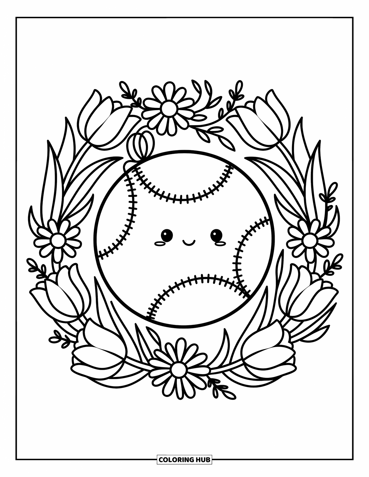 Ball Coloring Page for Adults: A kawaii tennis ball wrapped in a floral wreath of tulips and daisies