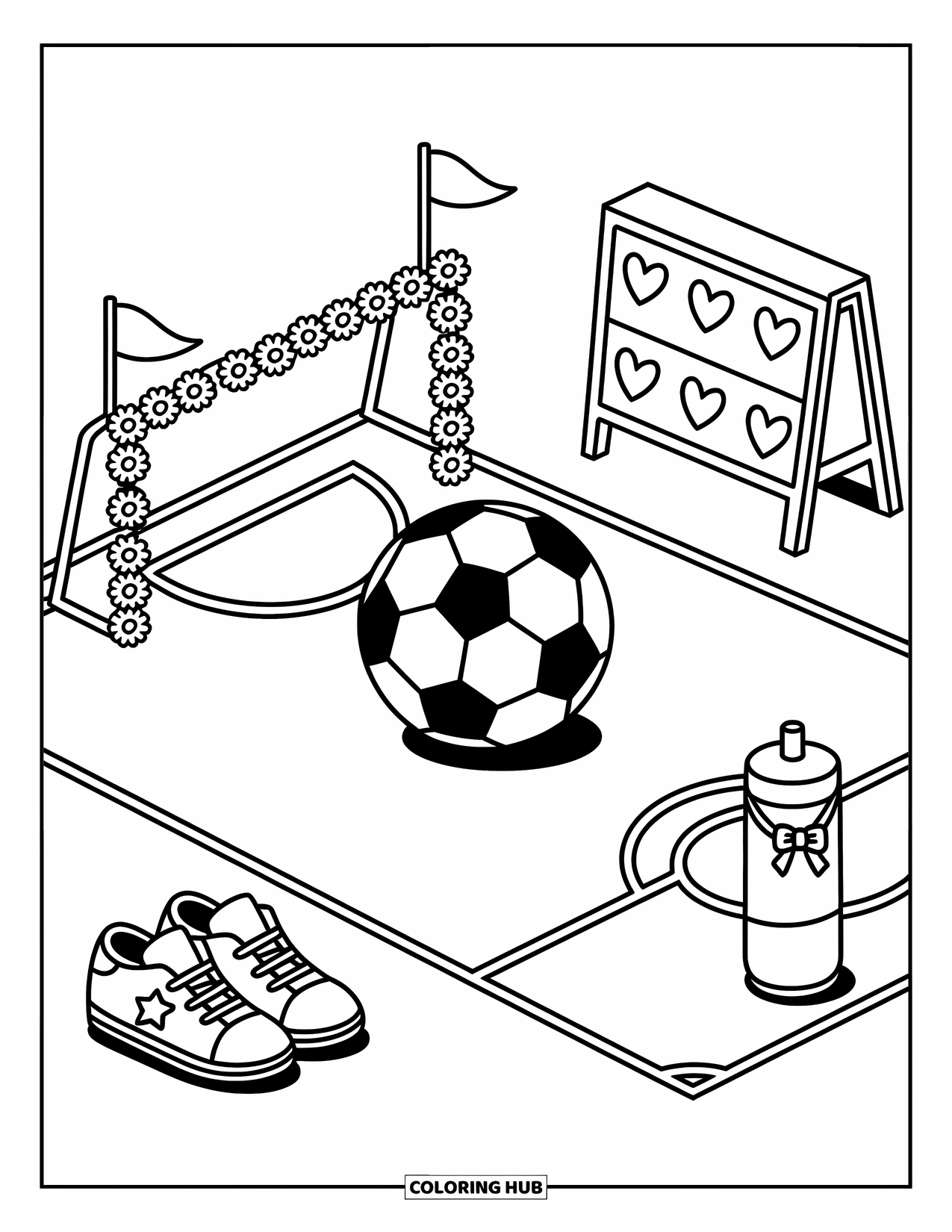 Ball Coloring Page for Adults: A playful mini soccer field with a ball, heart scoreboard, and bow-tied bottle