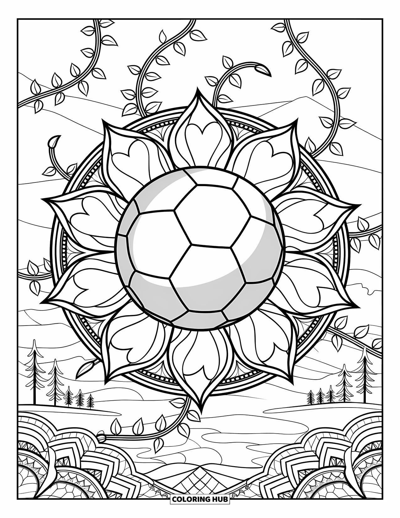 Ball Coloring Page for Adults: A soccer ball with ivy and petal patterns rests in a detailed mandala layout