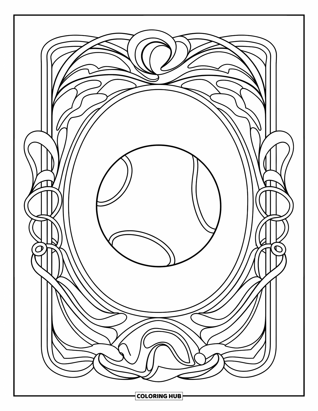 Ball Coloring Page for Adults: A swirling art nouveau frame surrounds a tennis ball in simple bold outlines