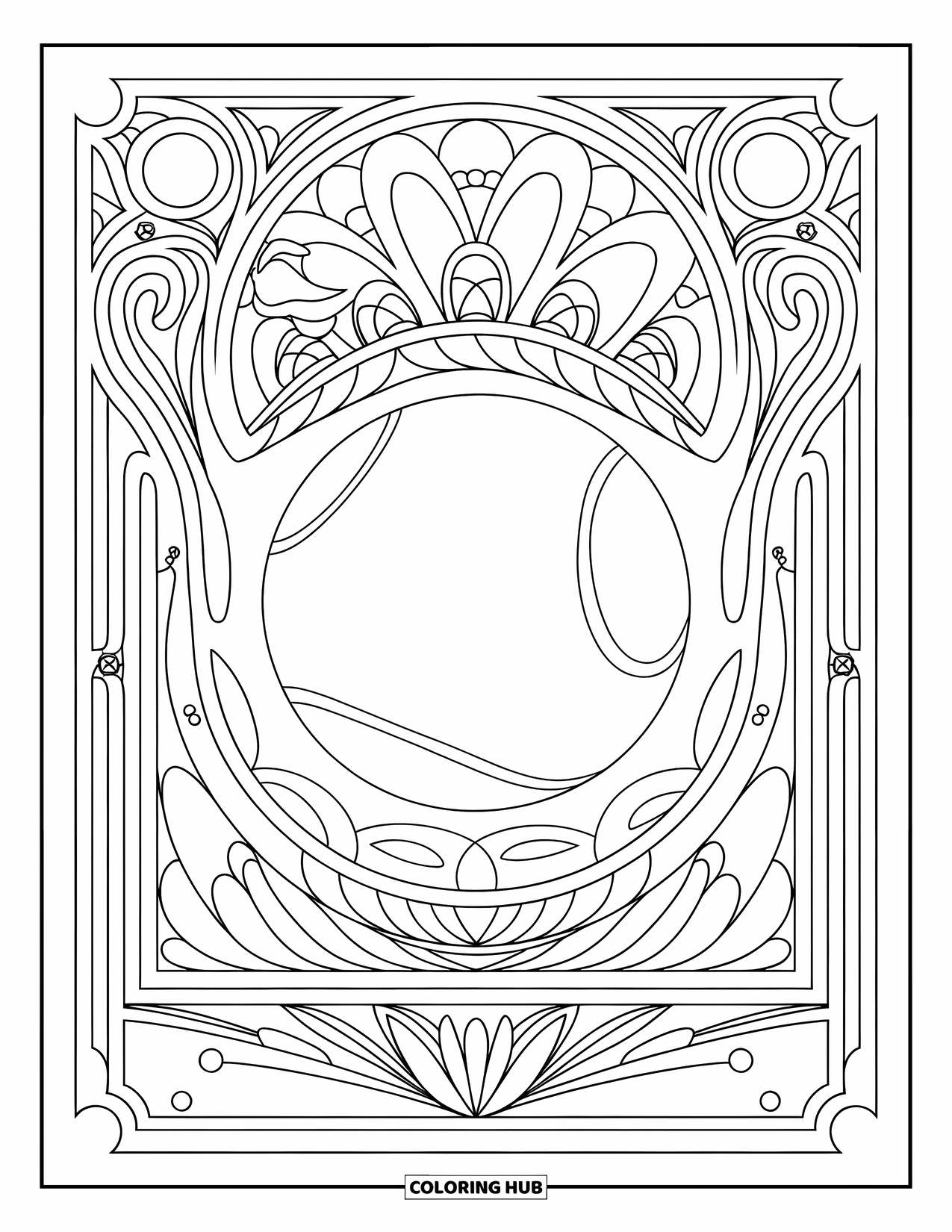 Ball Coloring Page for Adults: A tennis ball is framed in delicate art nouveau patterns on a clean backdrop