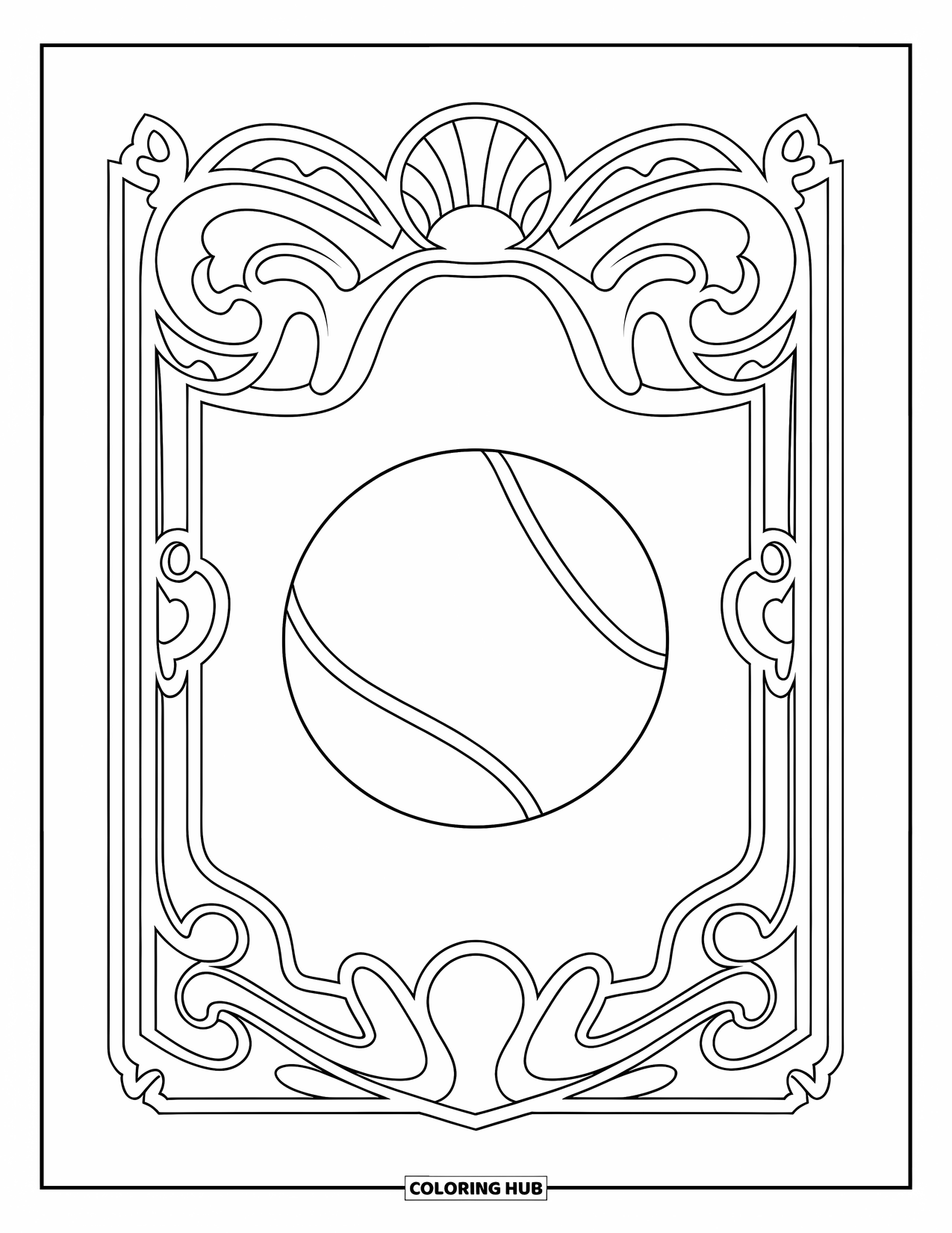 Ball Coloring Page for Adults: A tennis ball sits inside an ornate frame with swirling art nouveau patterns