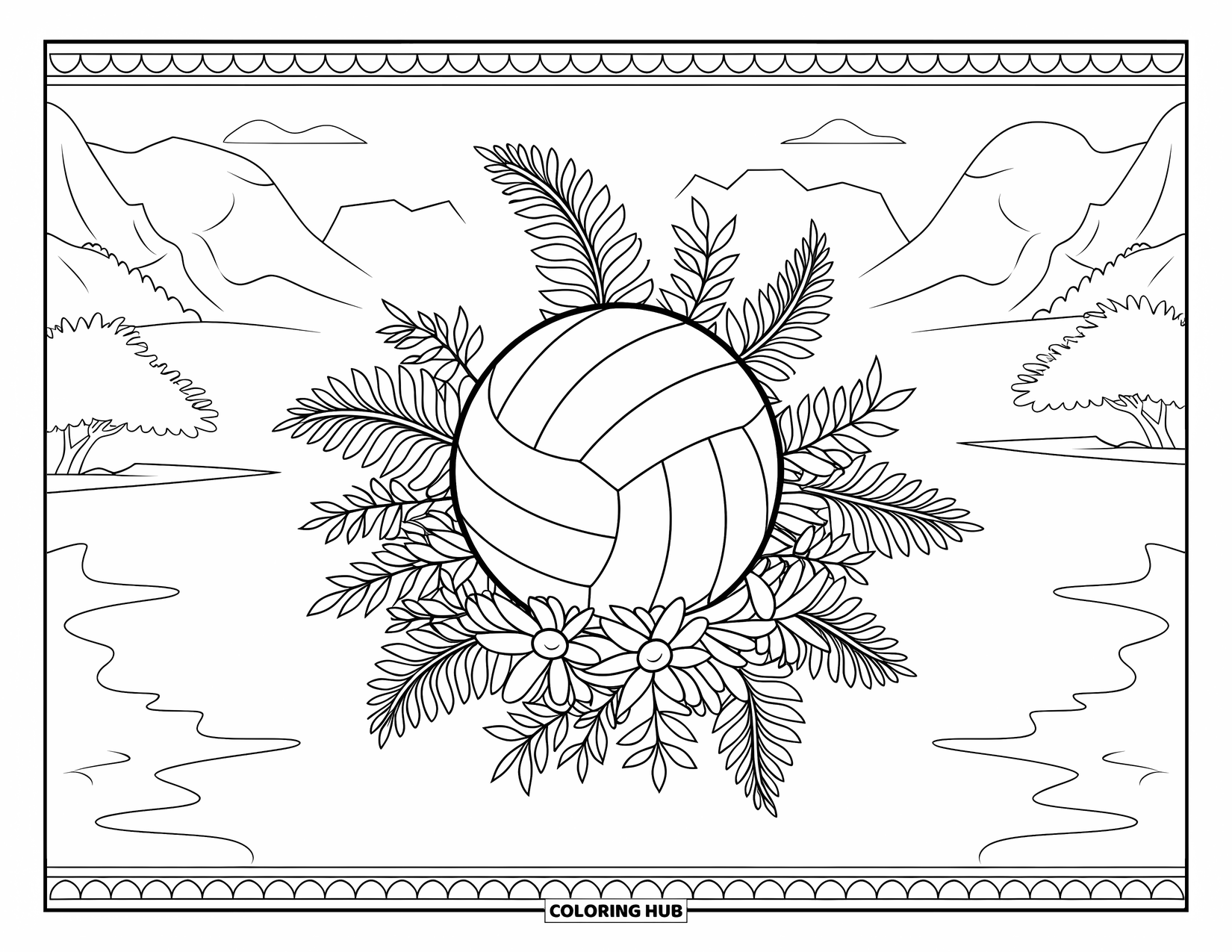 Ball Coloring Page for Adults: A volleyball rests in curled ferns and flowers, framed by mountains, trees, and water