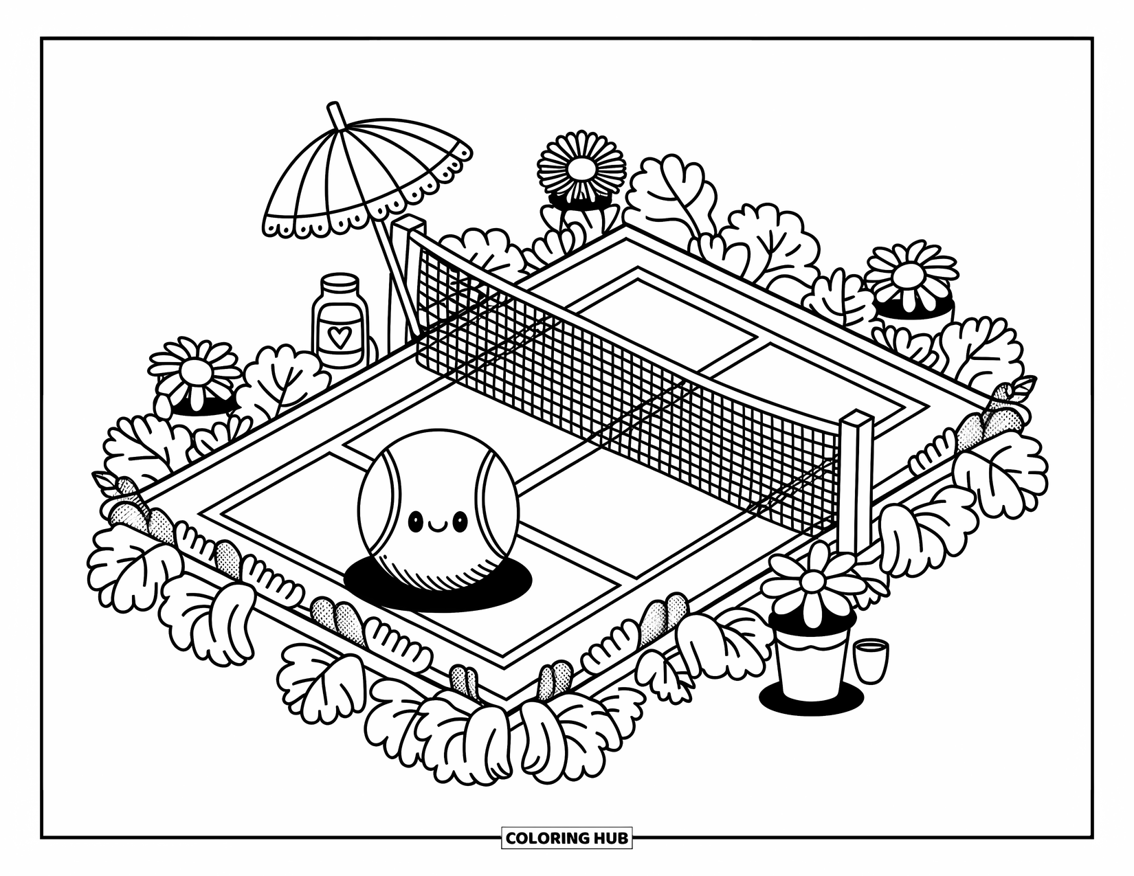 Ball Coloring Page for Adults: A whimsical tennis court scene with a kawaii ball, scoreboard, and folded parasol