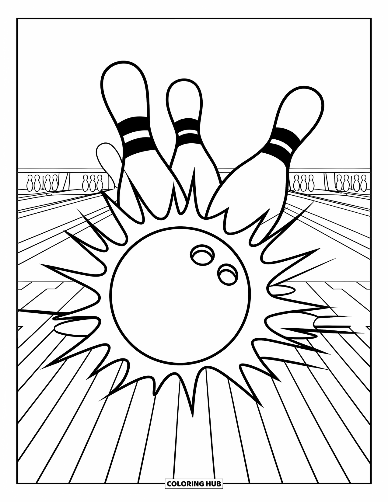 Ball Coloring Page for Kids: A ball rolls mid-lane knocking down exploding pins in a bowling alley