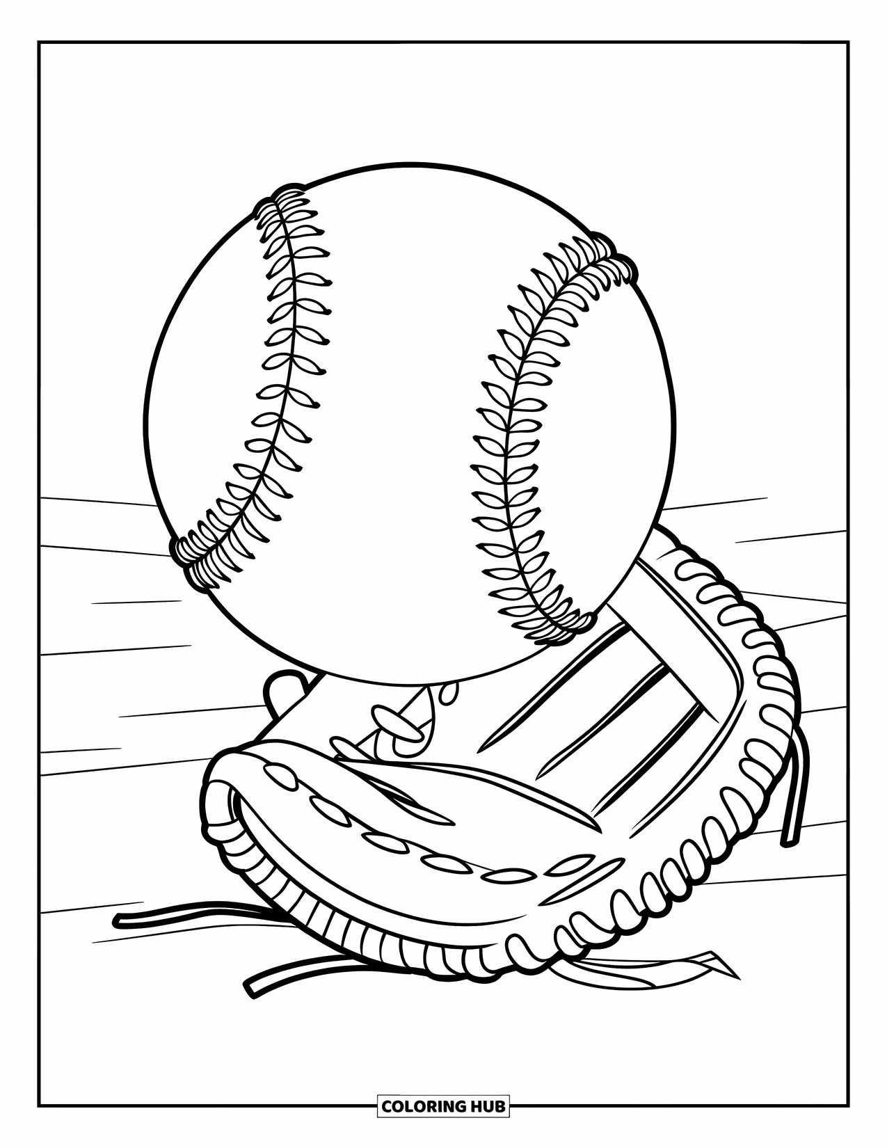 Ball Coloring Page for Kids: A baseball flies above the ground with a glove resting nearby