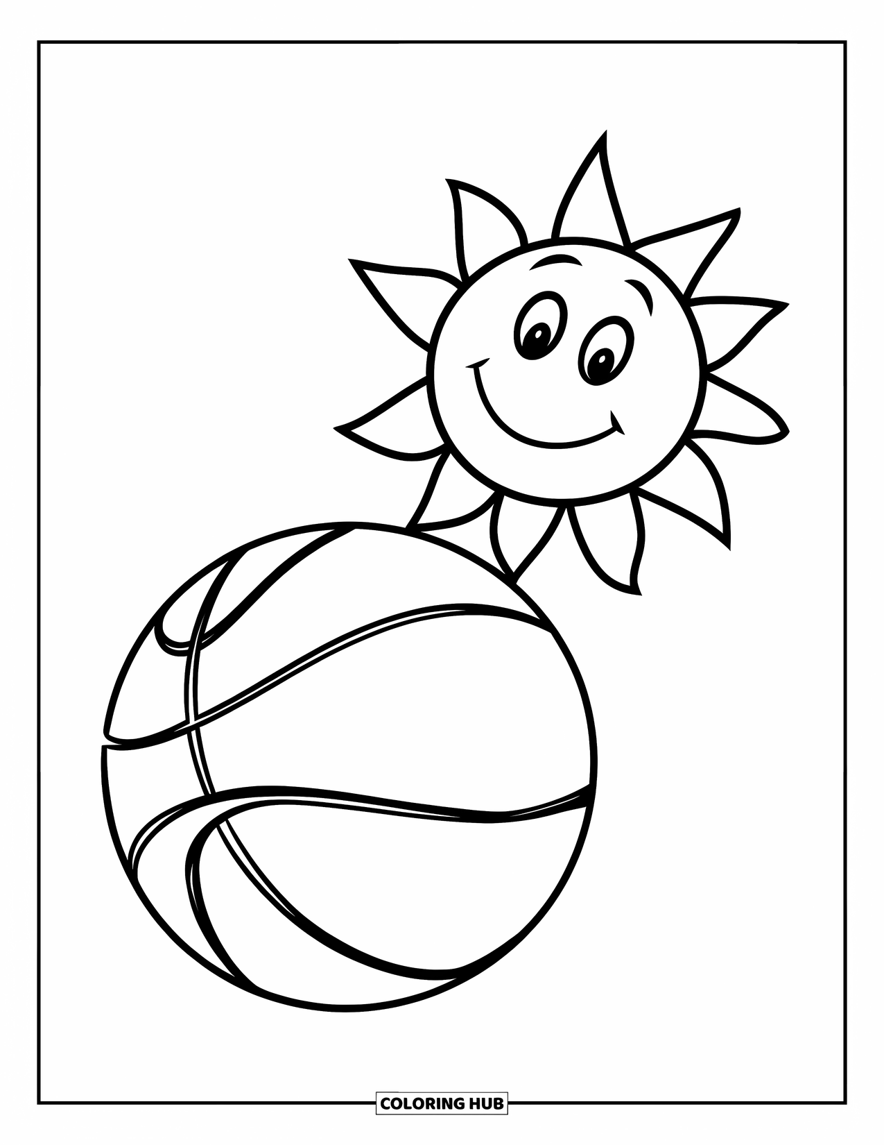 Ball Coloring Page for Kids: A basketball and a smiling sun fill this bright, happy scene