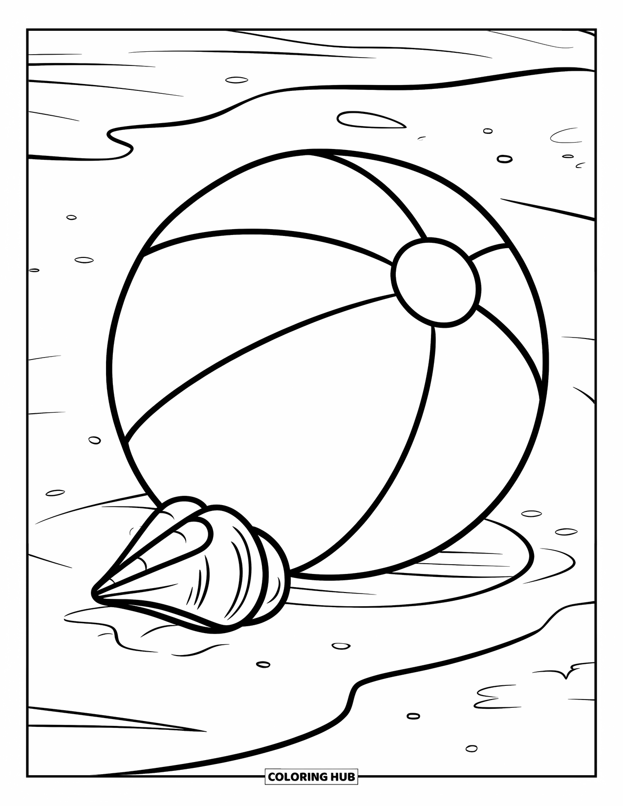 Ball Coloring Page for Kids: A beach ball with curved stripes and a smiley face sits beside a tiny shell