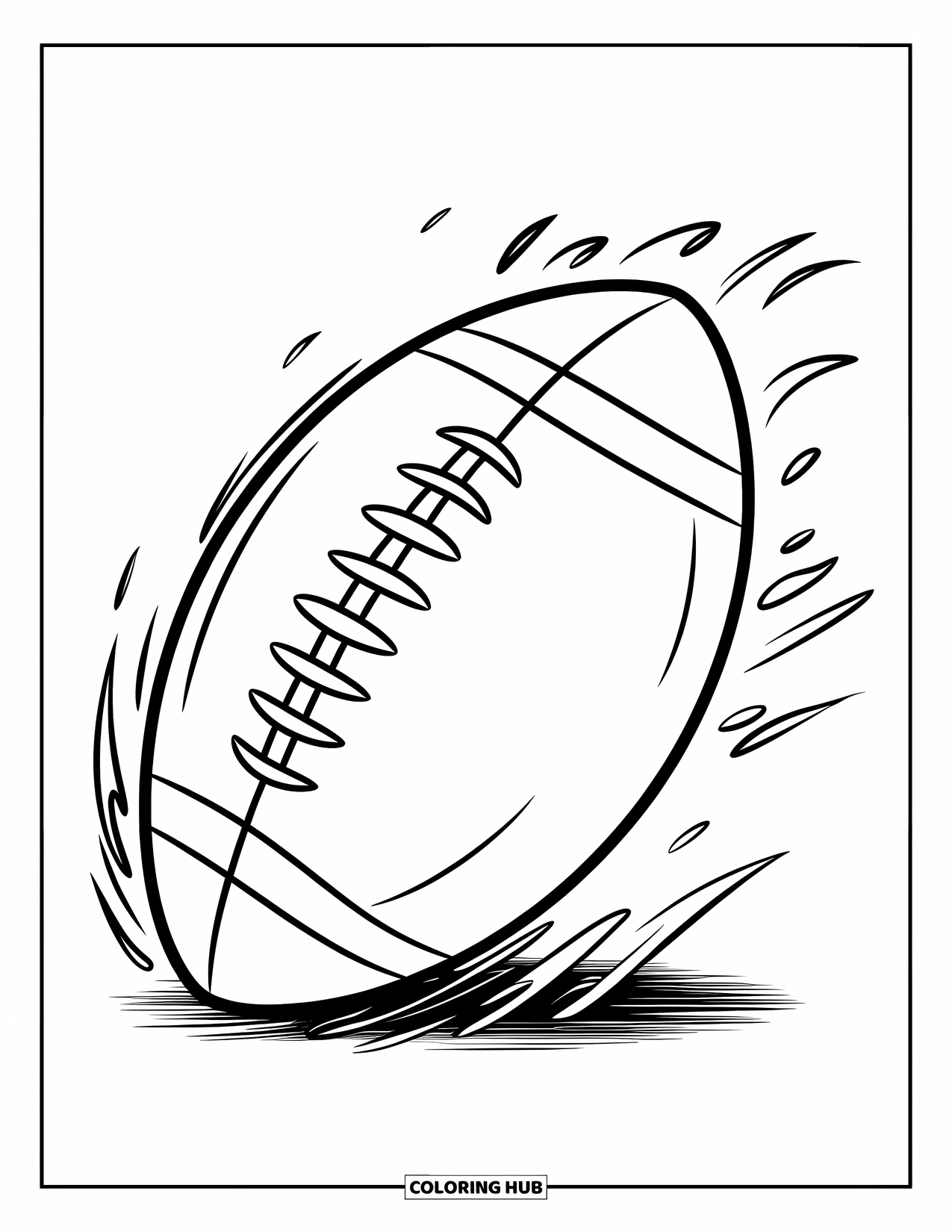 Ball Coloring Page for Kids: A football spins in mid-air with wind marks trailing behind