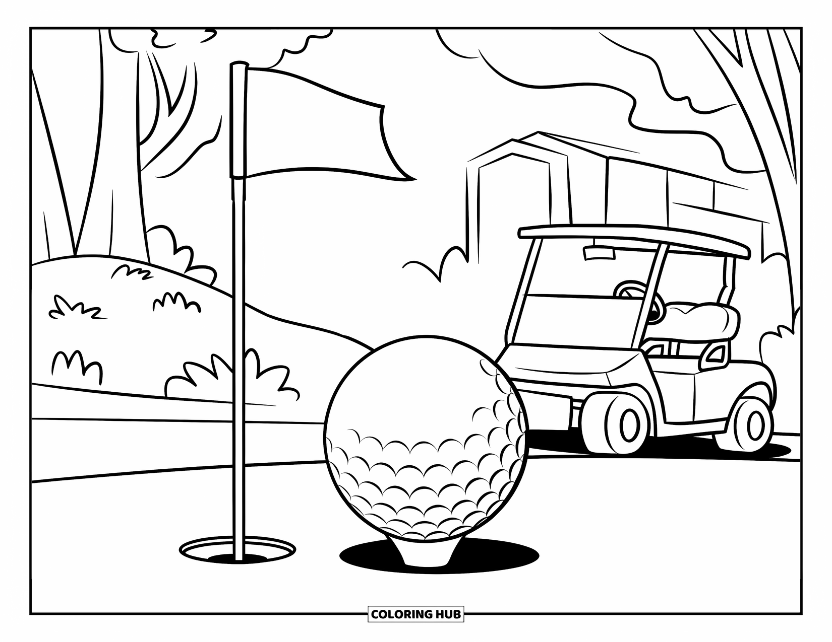 Ball Coloring Page for Kids: A golf ball and cart rest near trees and a small building