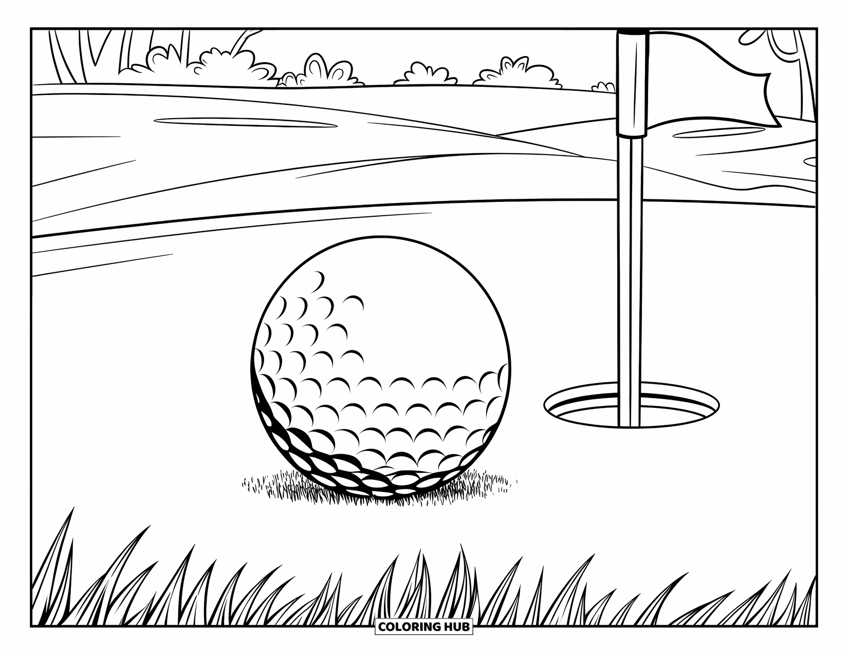 Ball Coloring Page for Kids: A golf ball nears the hole with a flag and a few trees behind it