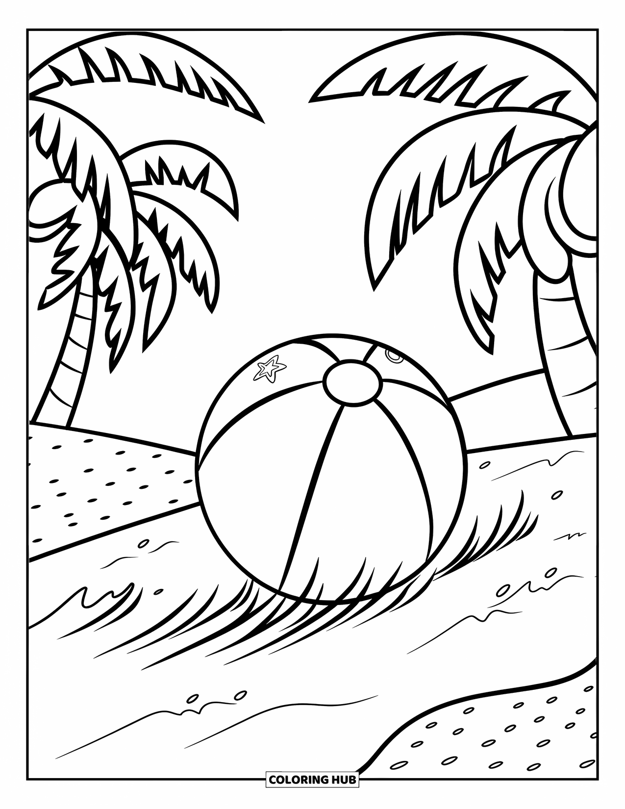 Ball Coloring Page for Kids: A patterned beach ball rolls near palm trees with sand flicks around