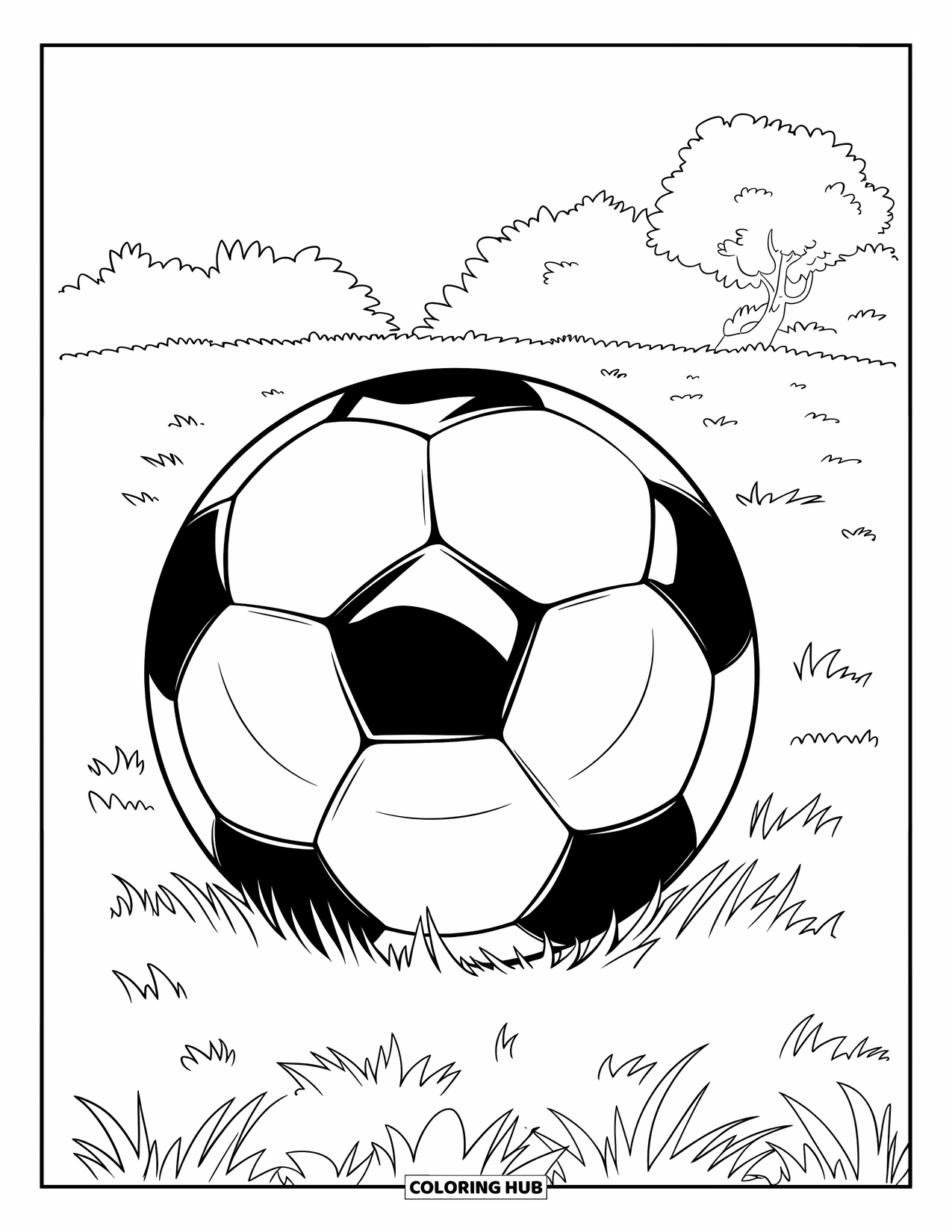 Ball Coloring Page for Kids: A slightly dented soccer ball sits on manicured grass with a small tree behind it