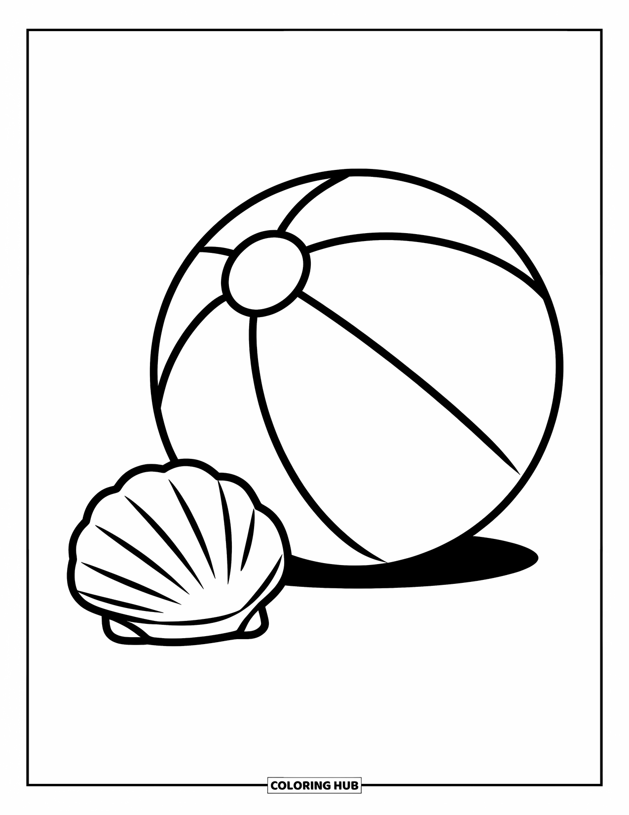 Ball Coloring Page for Kids: A smiling beach ball rests on sand next to a little seashell