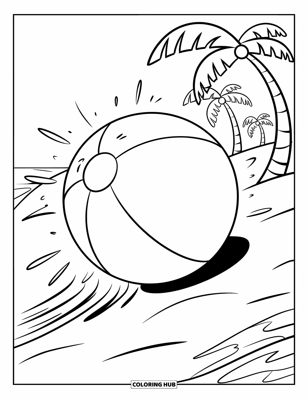 Ball Coloring Page for Kids: A smiling beach ball rolls on sand under palm trees and sun dots