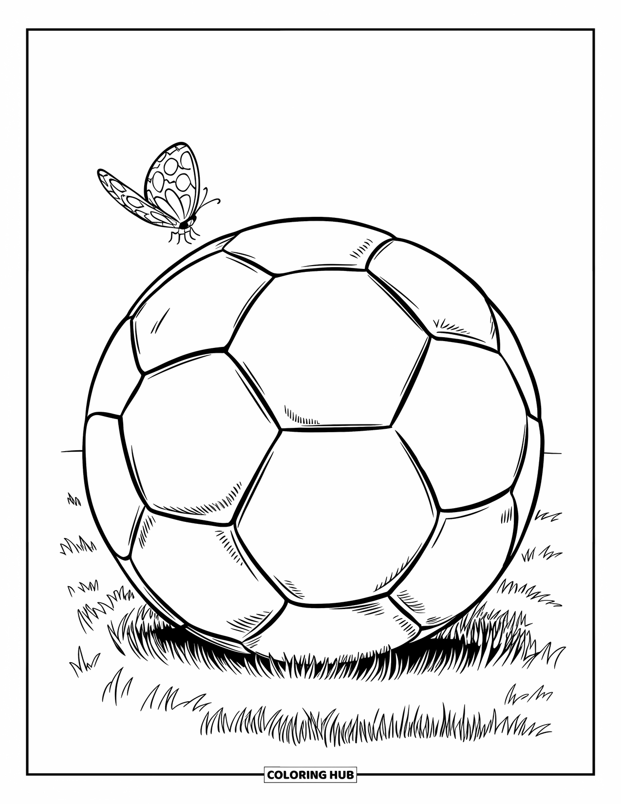 Ball Coloring Page for Kids: A soccer ball rests on a field with a butterfly spreading its wings nearby